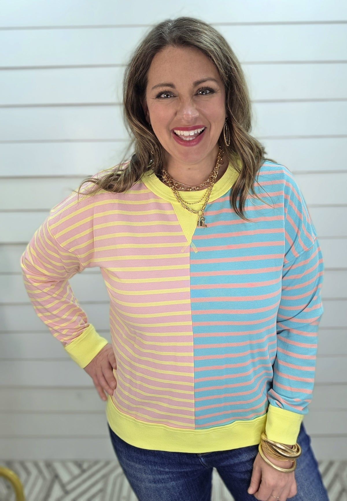 PINK/LEMON/BLUE STRIPED CONTRAST FRENCH TERRY COLORBLOCK WITH CENTER SEAM