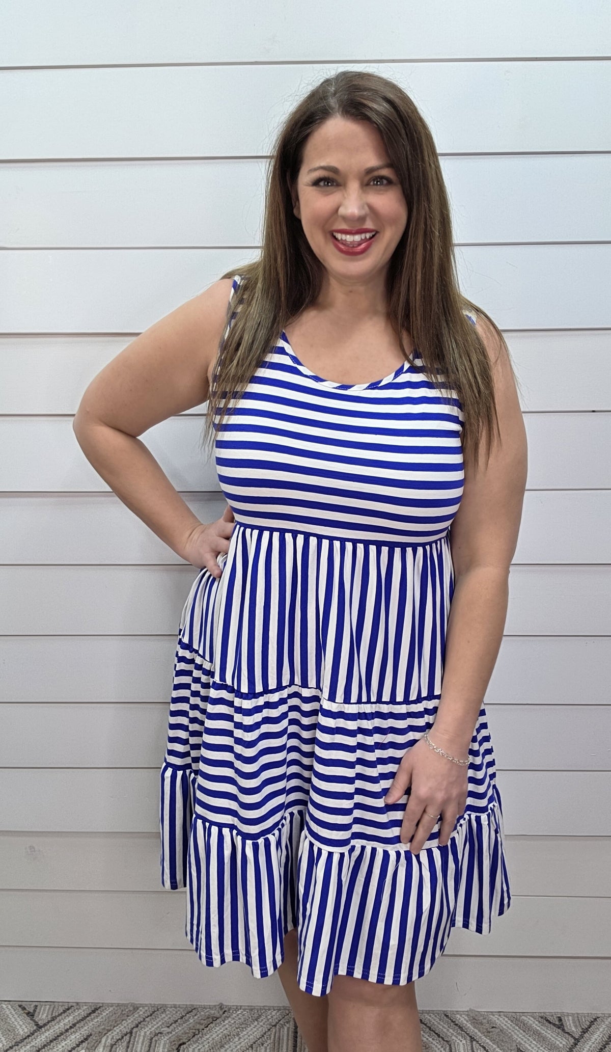 BLUE/WHITE CONTRAST STRIPED KNIT DRESS