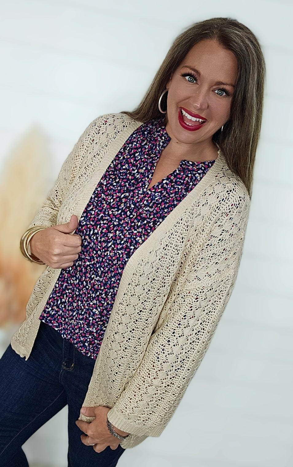 BEIGE OPEN KNIT DROP SHOULDER CARDIGAN