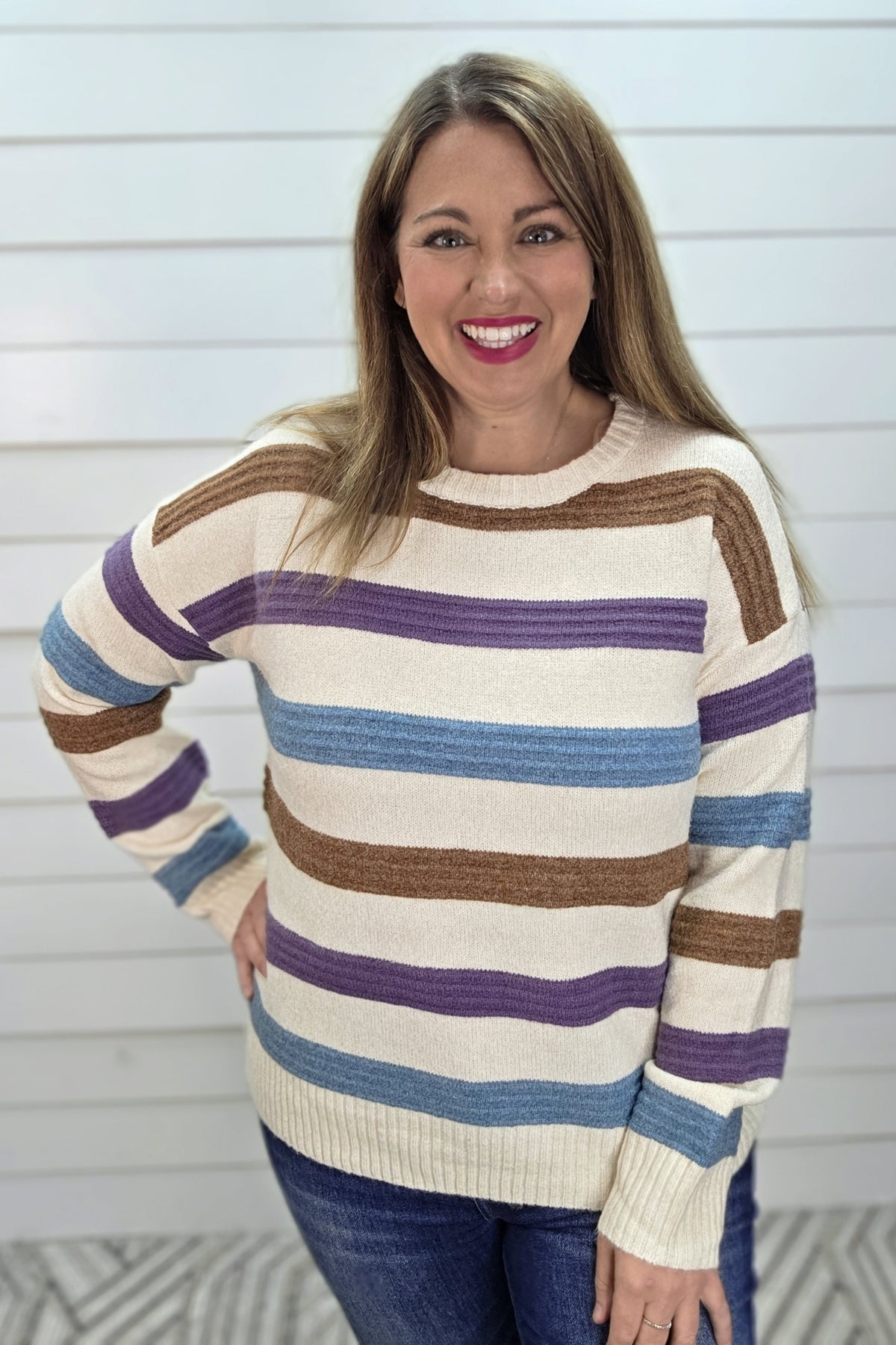 PURPLE/BLUE Multi Color Pintuck Texture Striped, Long Sleeve SWEATER