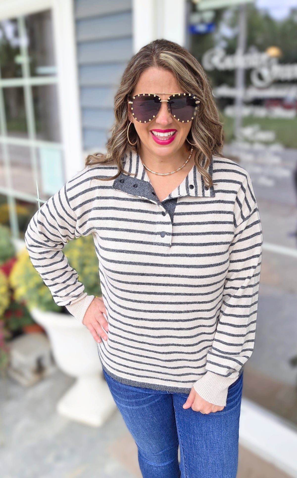 OATMEAL/CHARCOAL STRIPED QUARTER SNAP BUTTON SWEATER