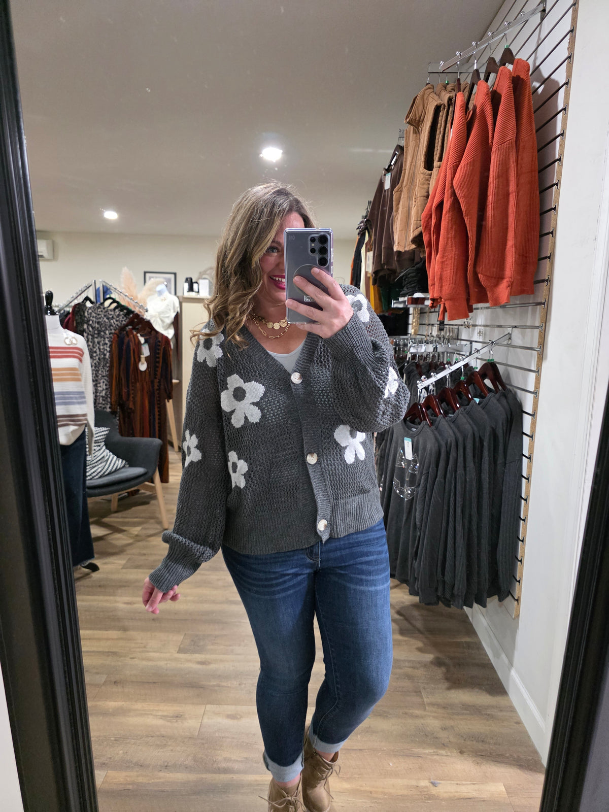 CHARCOAL OPEN KNIT BUTTON CARDIGAN WITH FLORAL DETAIL