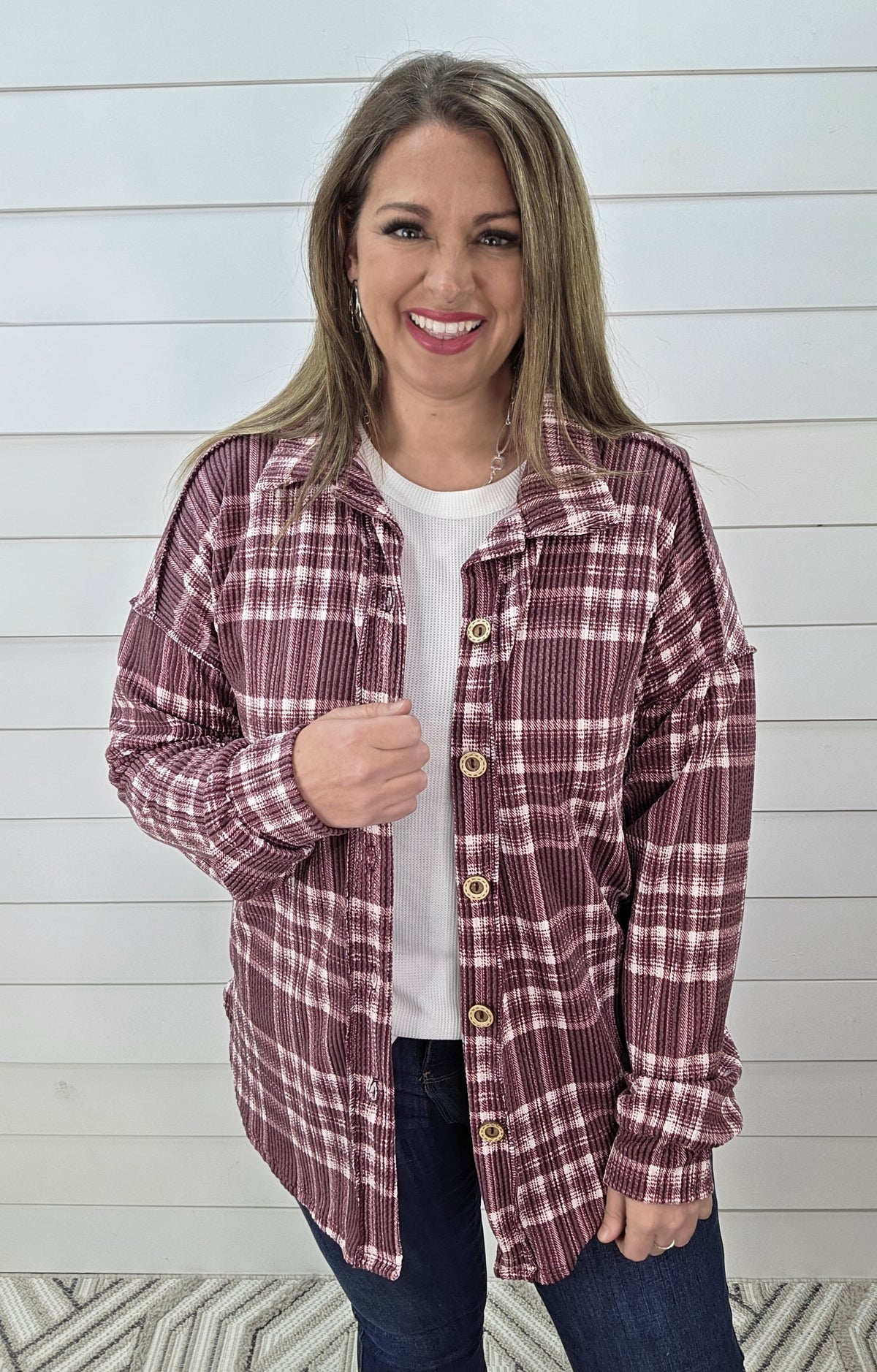 BURGUNDY PLAID RAISED RIBBED BUTTON KNIT TOP