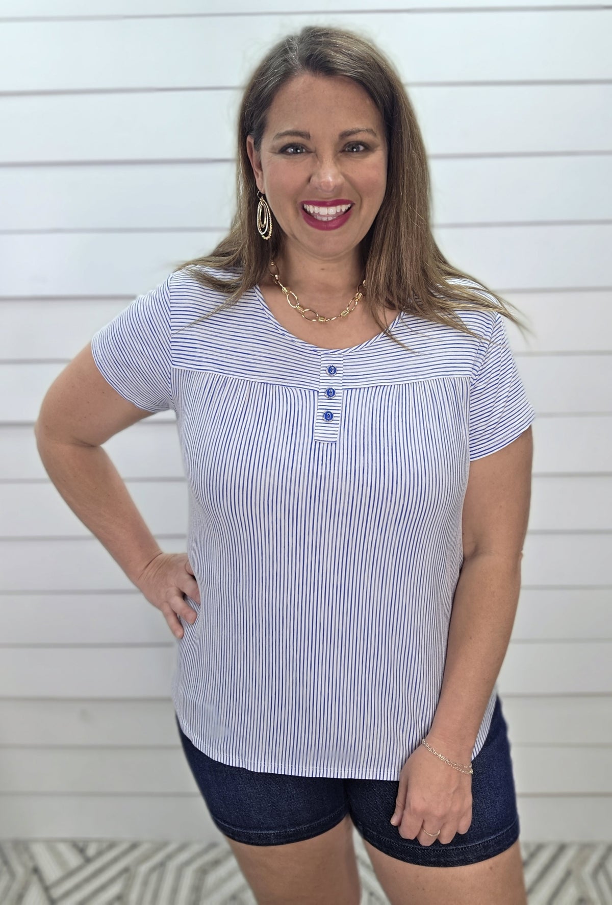 BLUE PINSTRIPED KNIT FAUX BUTTON TRIM TOP