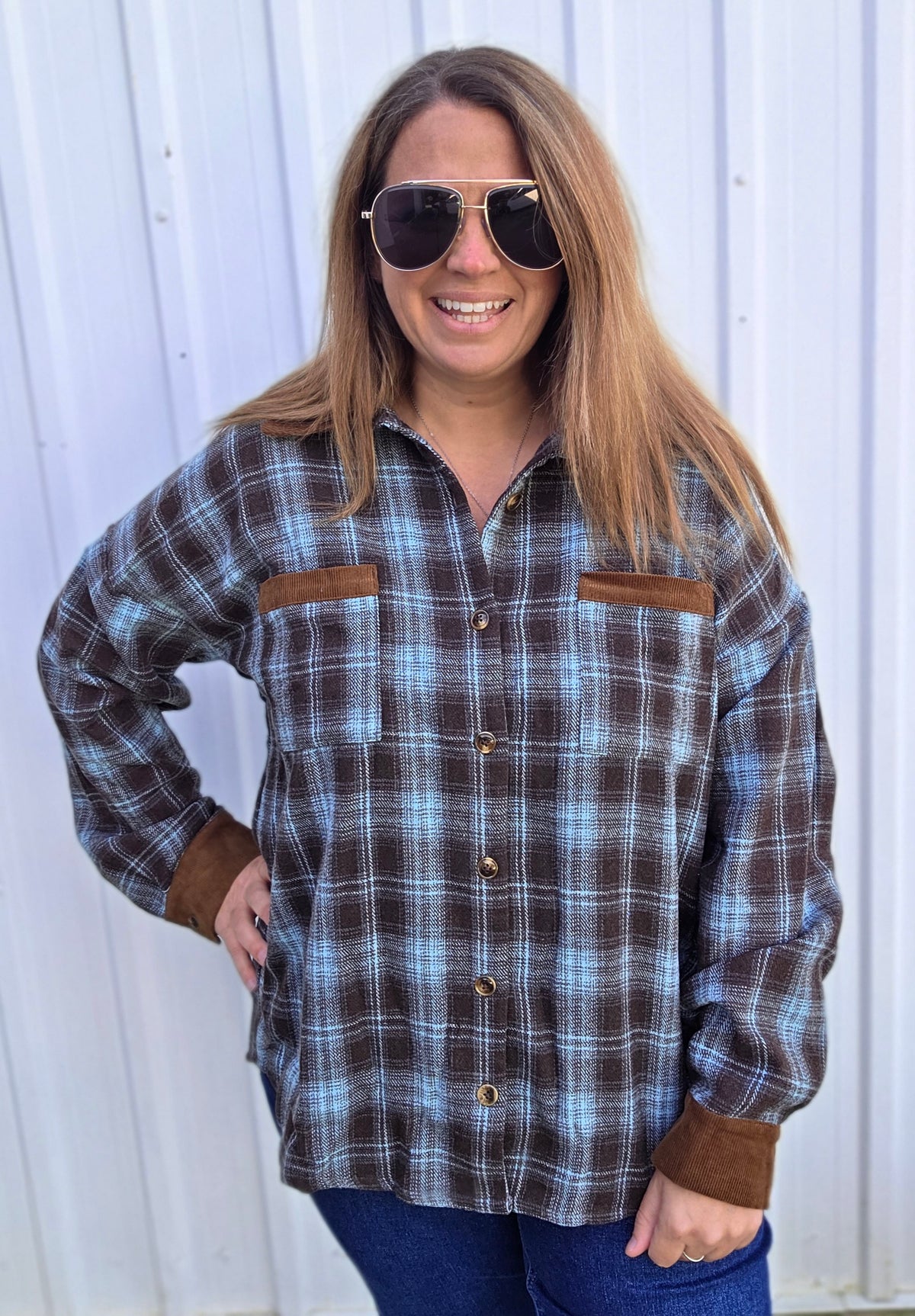 Blue Collared, Corded Patch Pocket, Front Button Down, Brushed Plaid Top