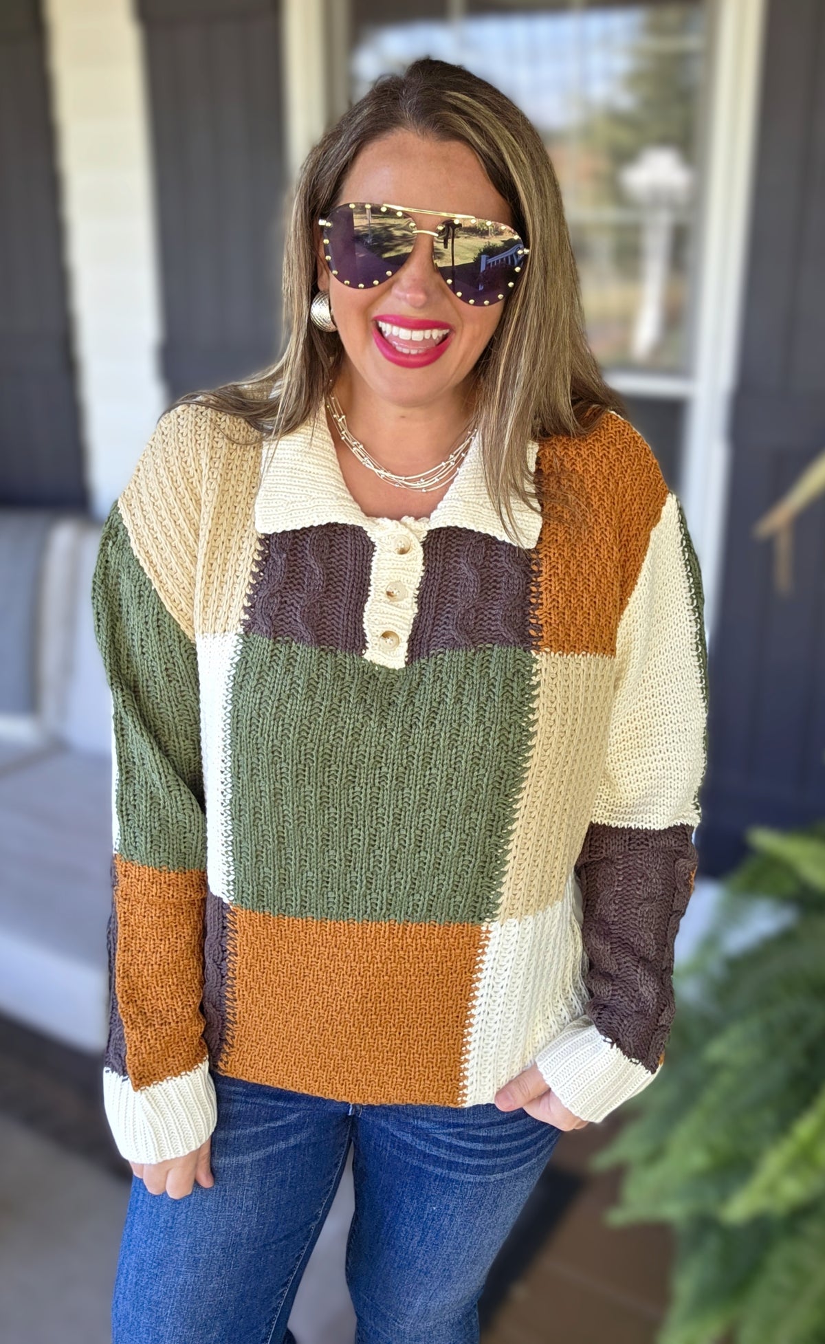 OLIVE/IVORY/CAMEL KNIT BLOCK BUTTON TRIM SWEATER