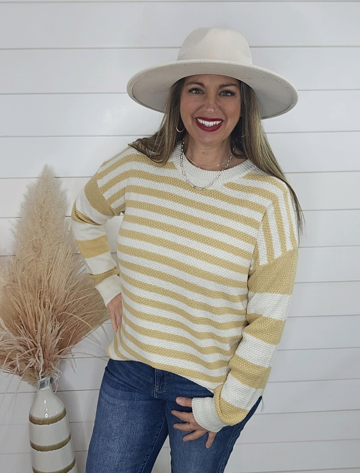 MUSTARD TEXTURED MULTI STRIPED CREW NECK SWEATER