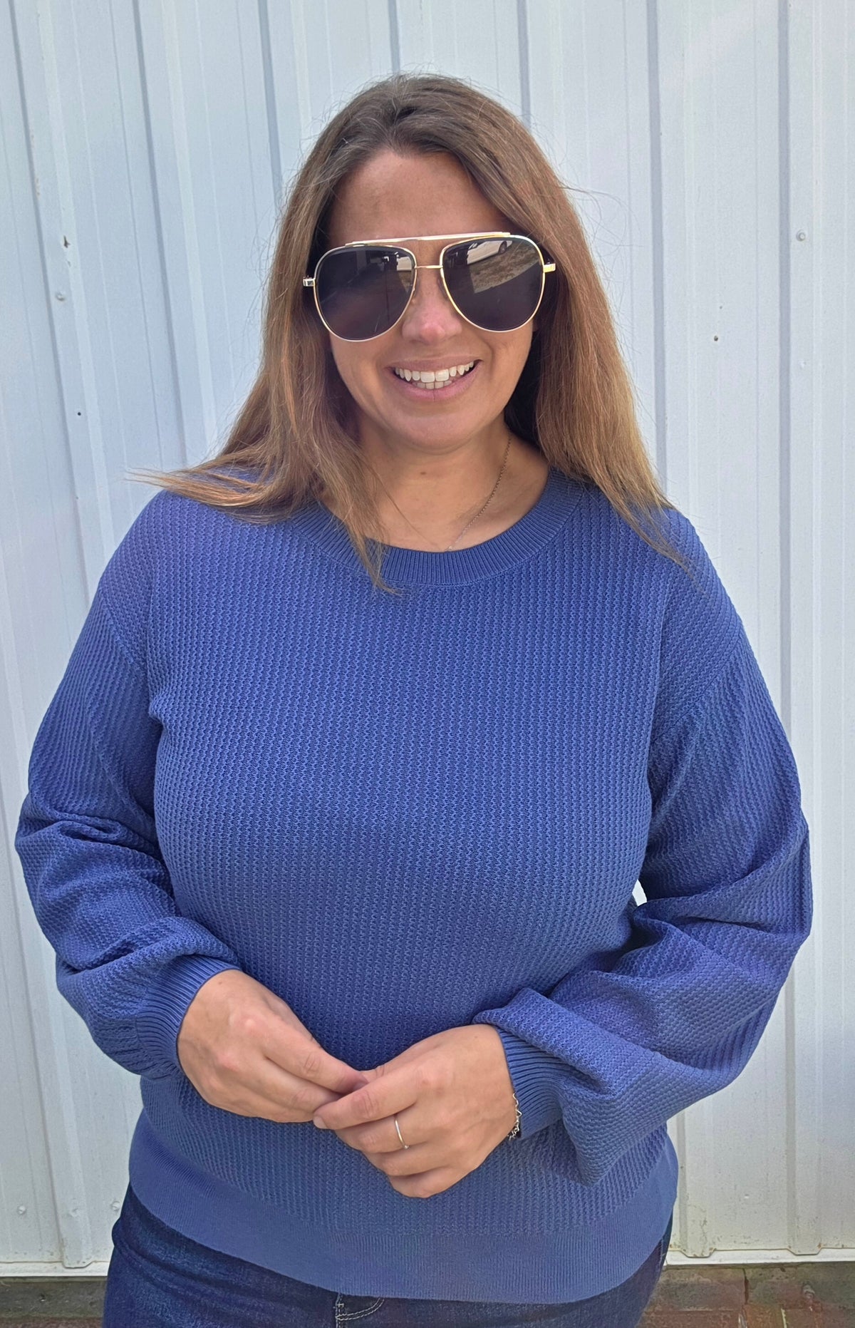 Denim Textured, Crew Neck, Balloon Sleeve, Pullover Sweater