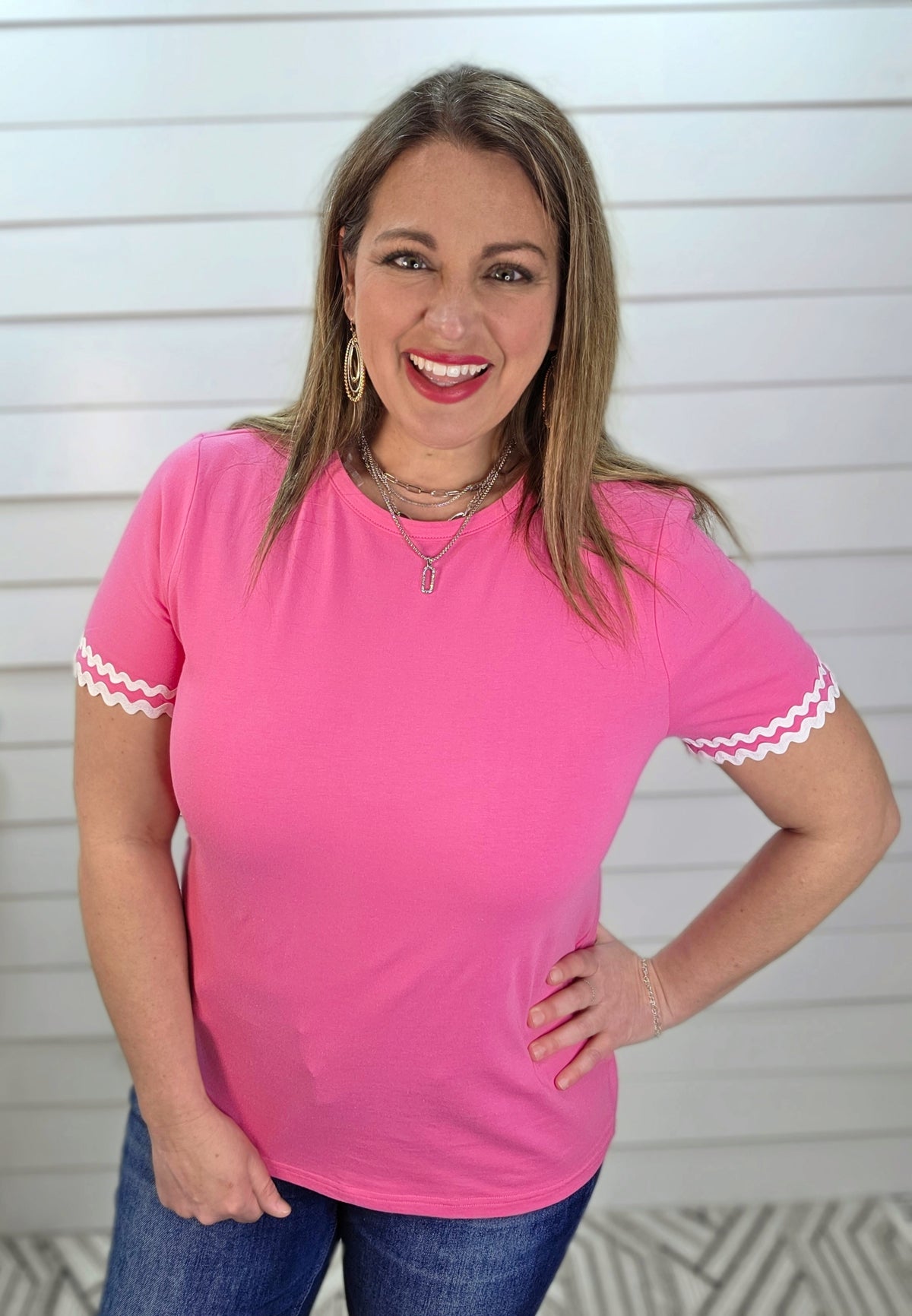 FUCHSIA CREW NECK RICRAC TRIMMED KNIT TOP