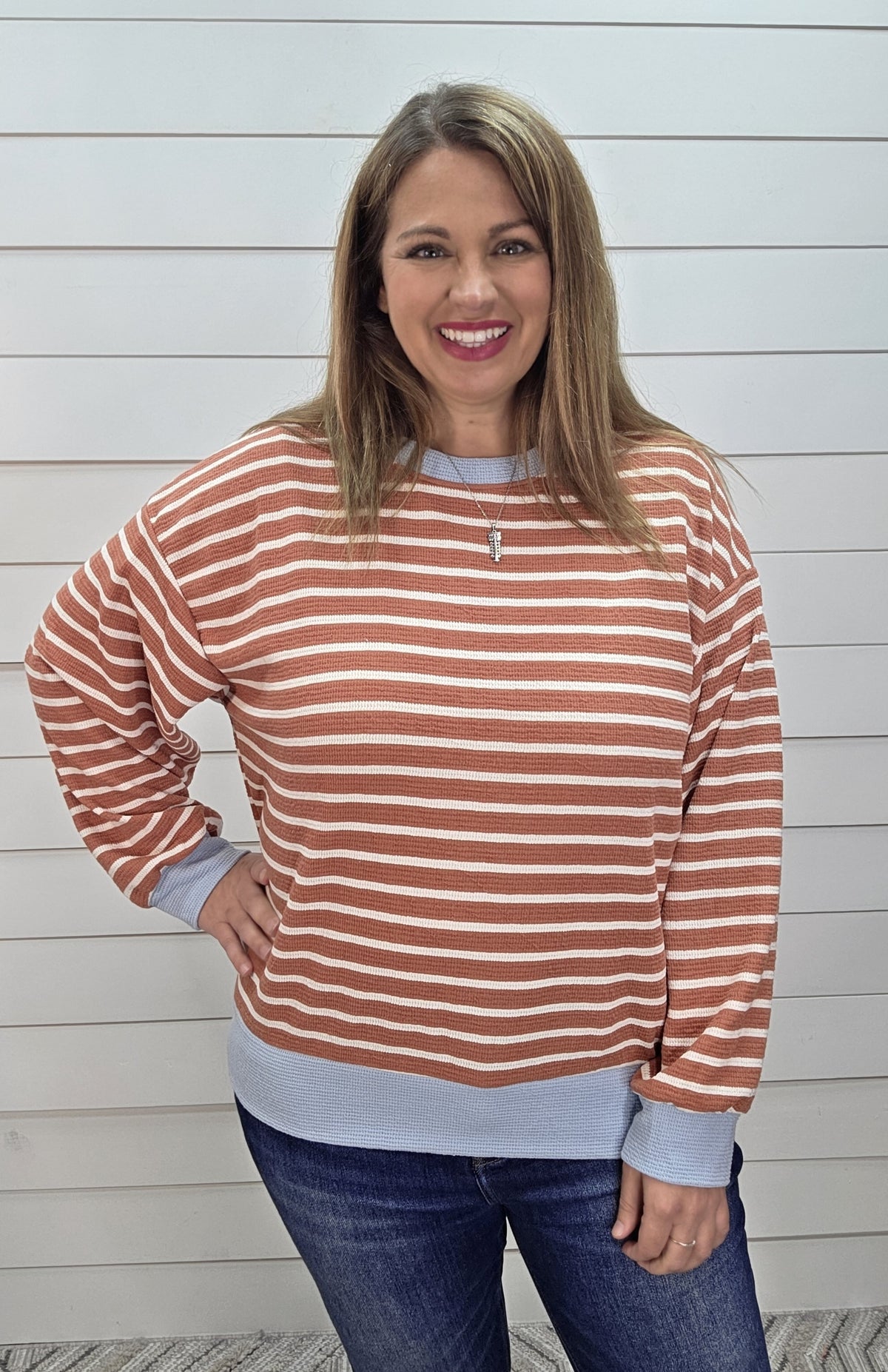 DARK MAUVE/BLUE CLOUD FABRIC STRIPED KNIT TOP