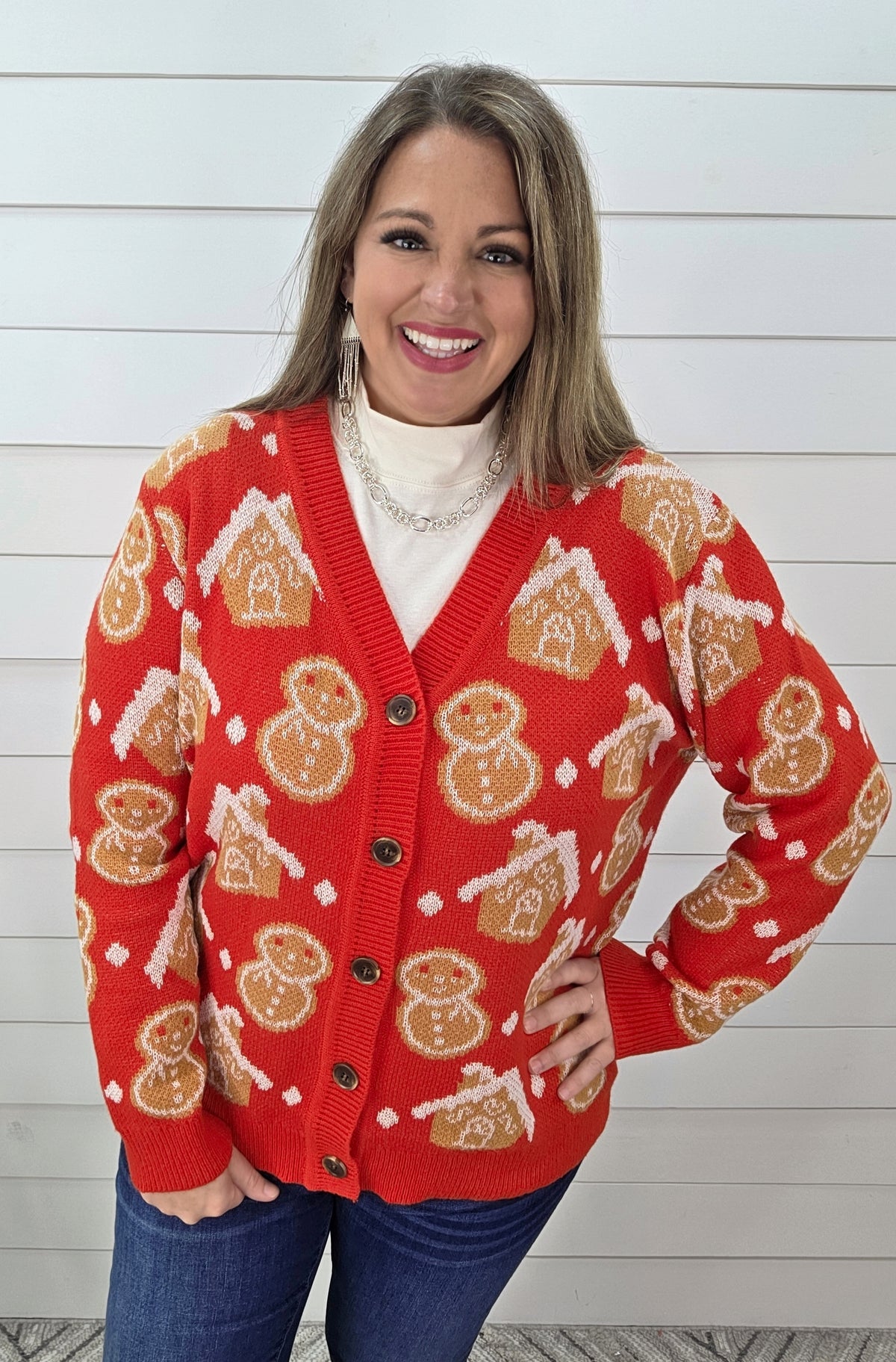 RED GINGERBREAD BUTTON CARDIGAN SWEATER