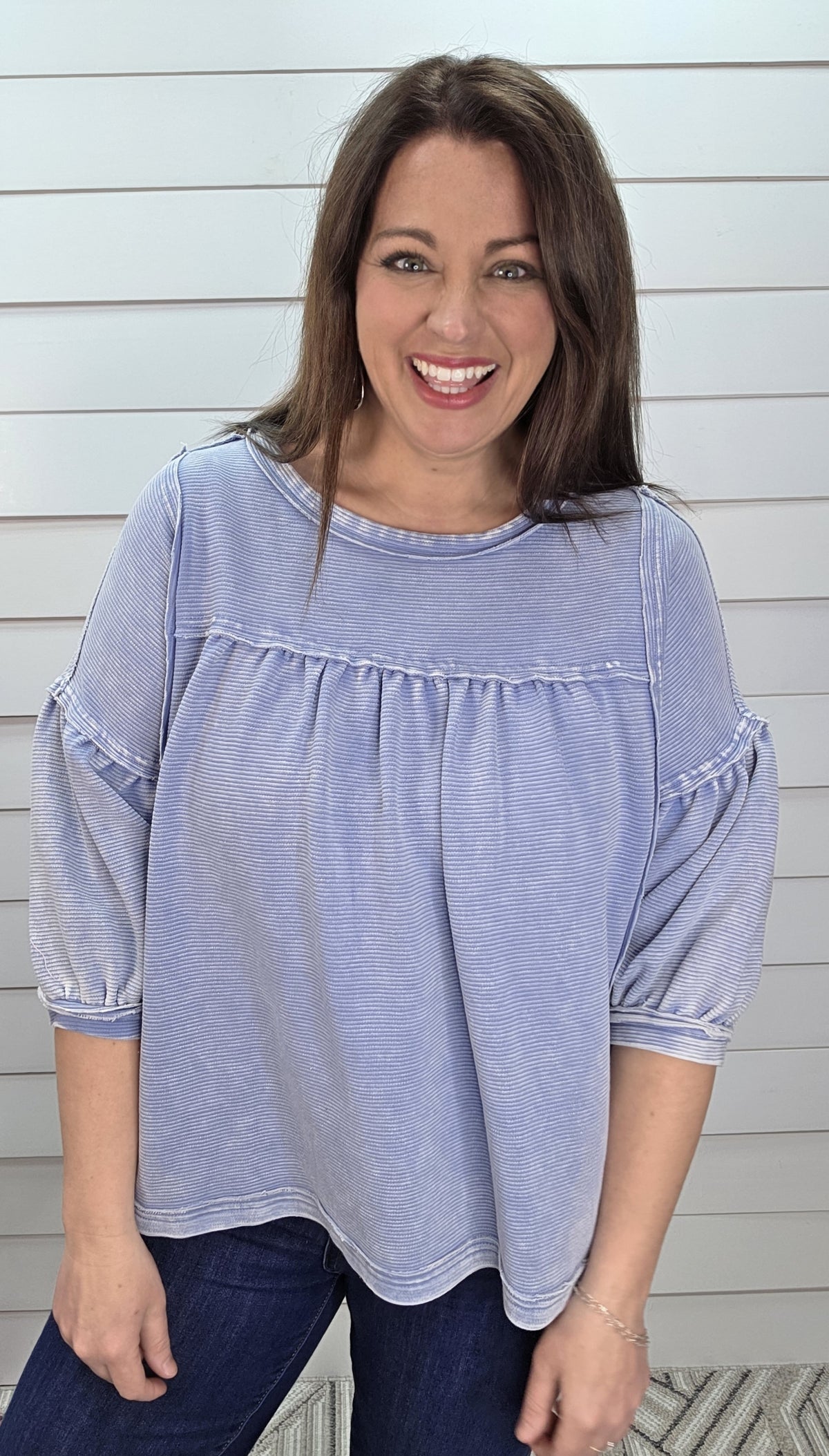 BLUE RIBBED KNIT OVERSIZED MINERAL WASH TOP