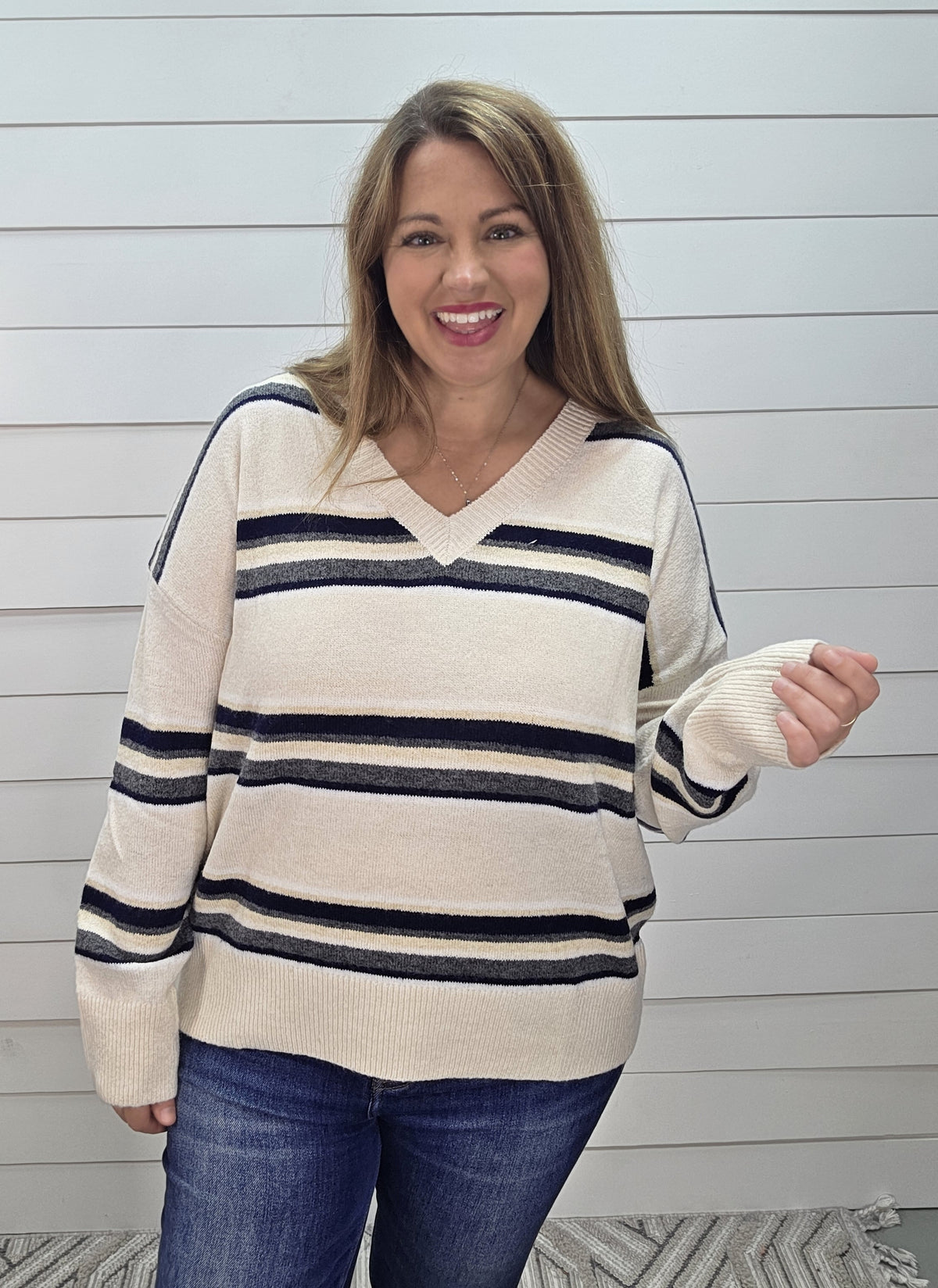 OATMEAL STRIPED V NECK KNIT SWEATER