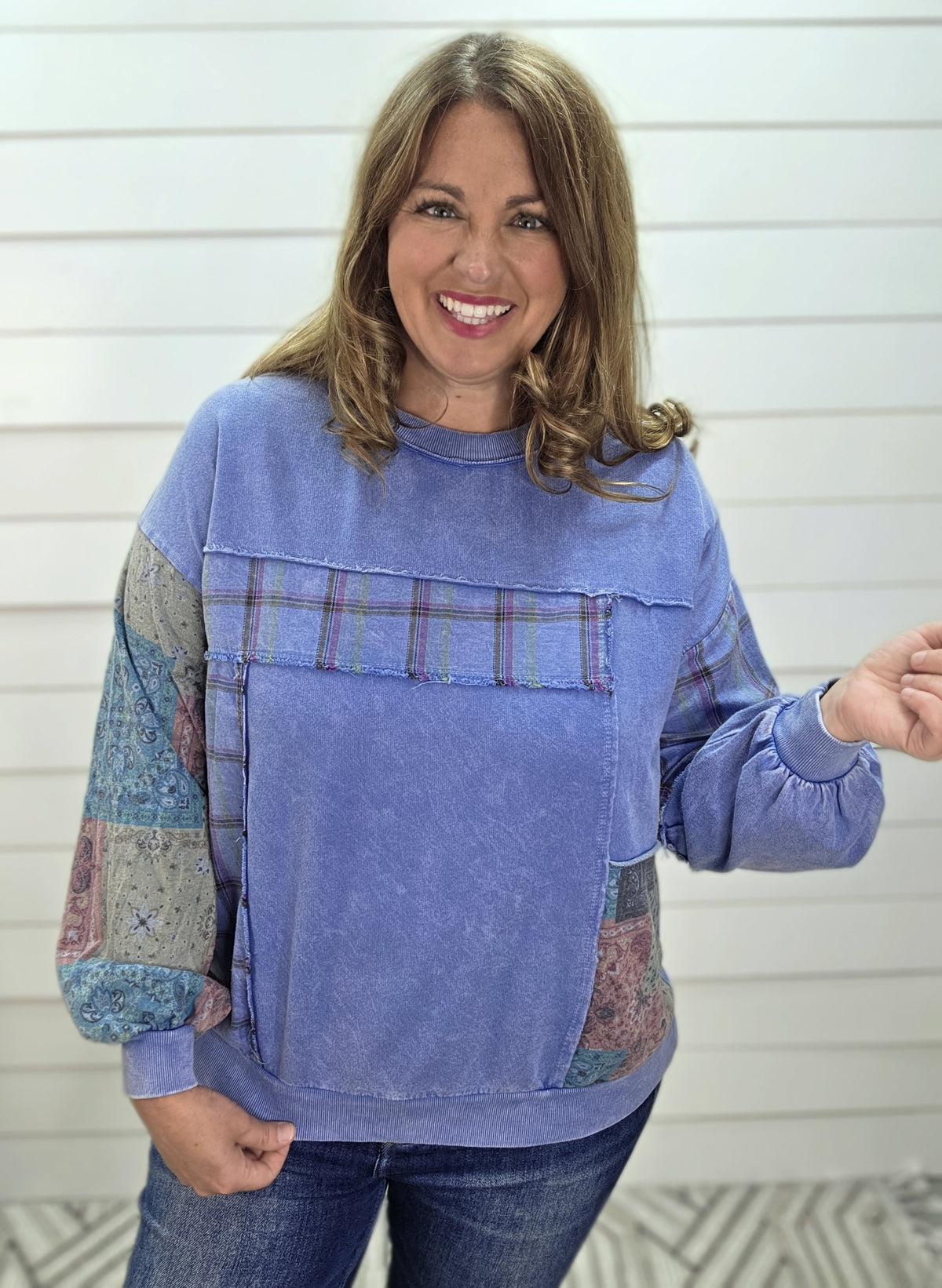 DENIM BLUE Mineral washed Plaid And Bandana Print Sweatshirt Top