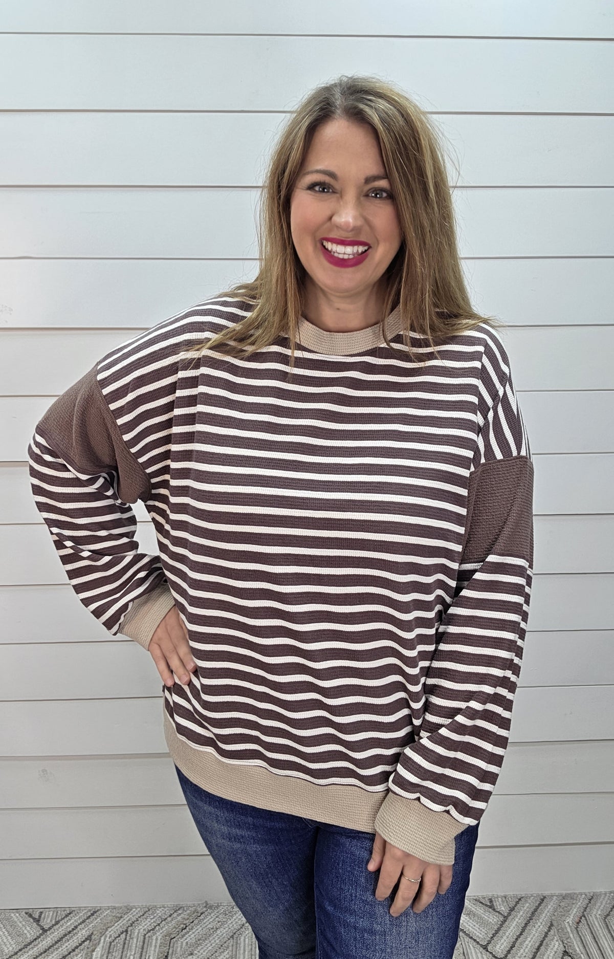 BROWN/TAUPE STRIPED KNIT LONG SLEEVE CLOUD FABRIC TOP