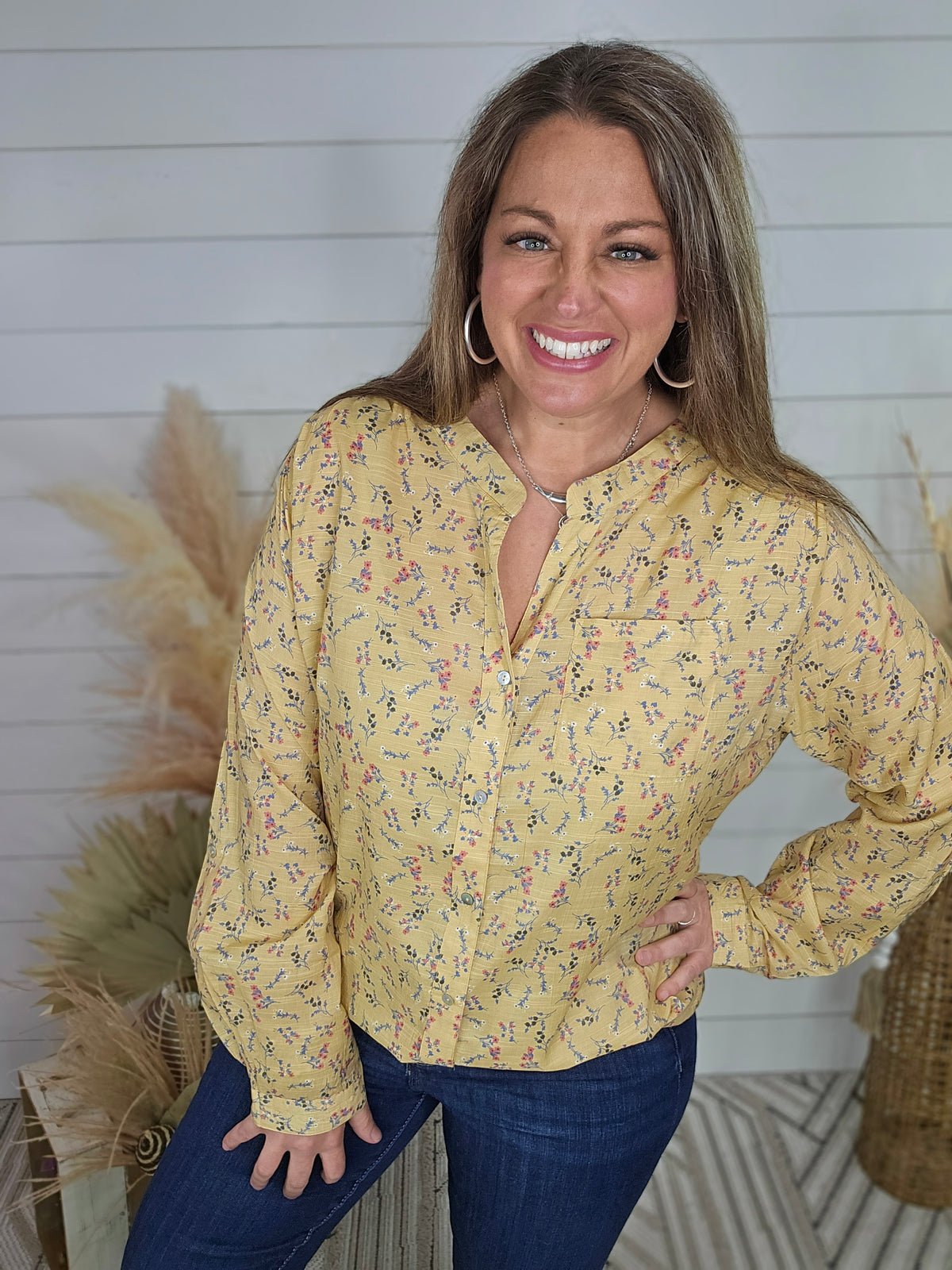 YELLOW DITSY FLORAL ROLL UP SLEEVE BUTTON TOP