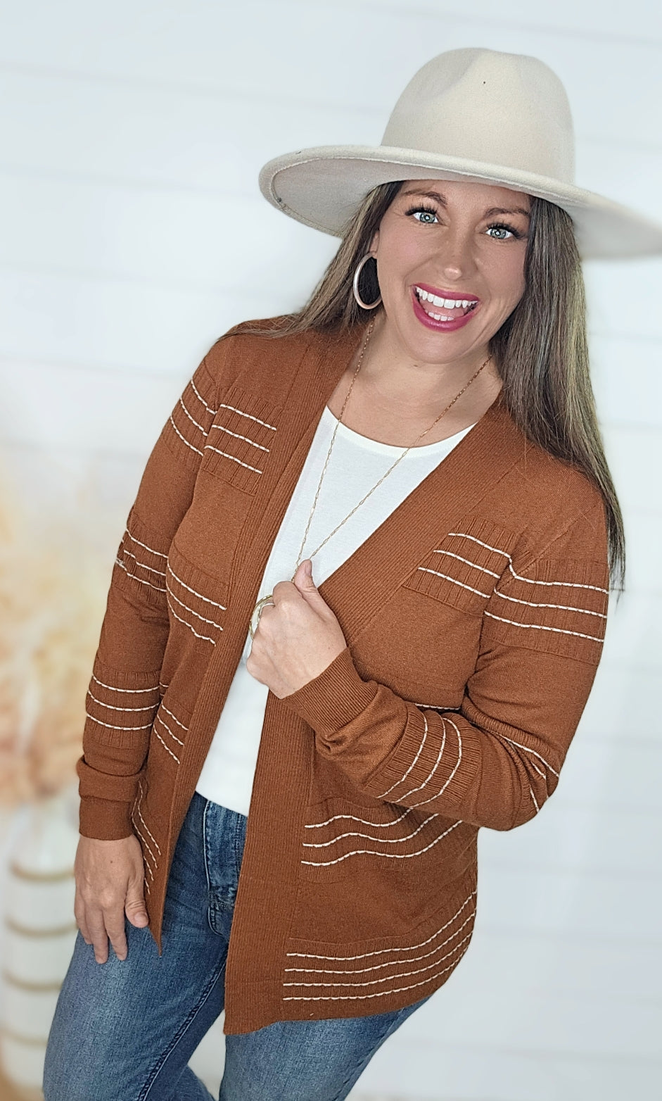 BROWN STITCH STRIPED OPEN FRONT CARDIGAN