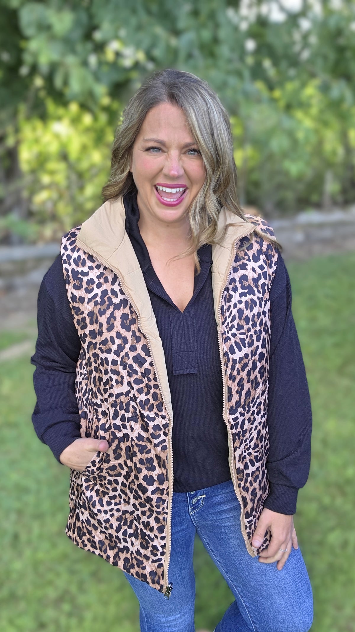 KHAKI AND LEOPARD REVERSIBLE ZIP UP VEST