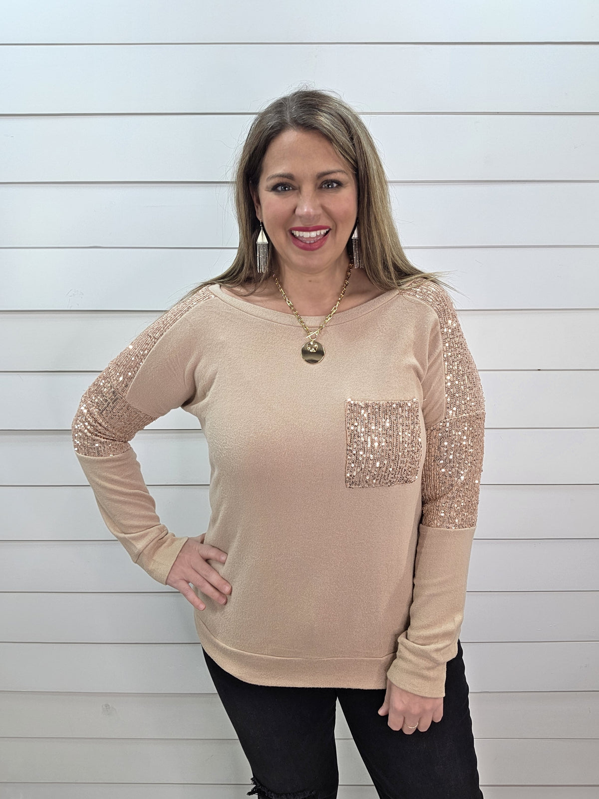 CHAMPAIGN BRUSHED KNIT SEQUIN KNIT TOP