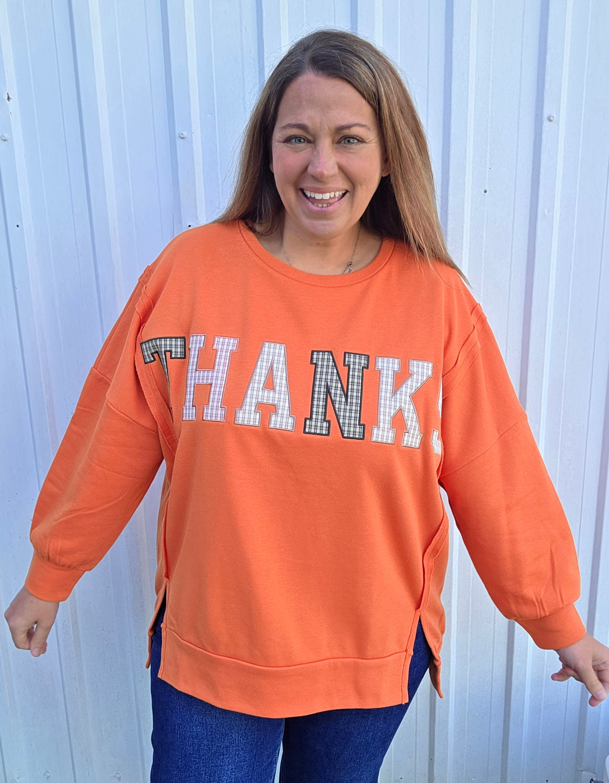 Pumpkin Round Neck Drop Shoulder Long Sleeve Oversized Loose Fit French Terry THANKS Pullover