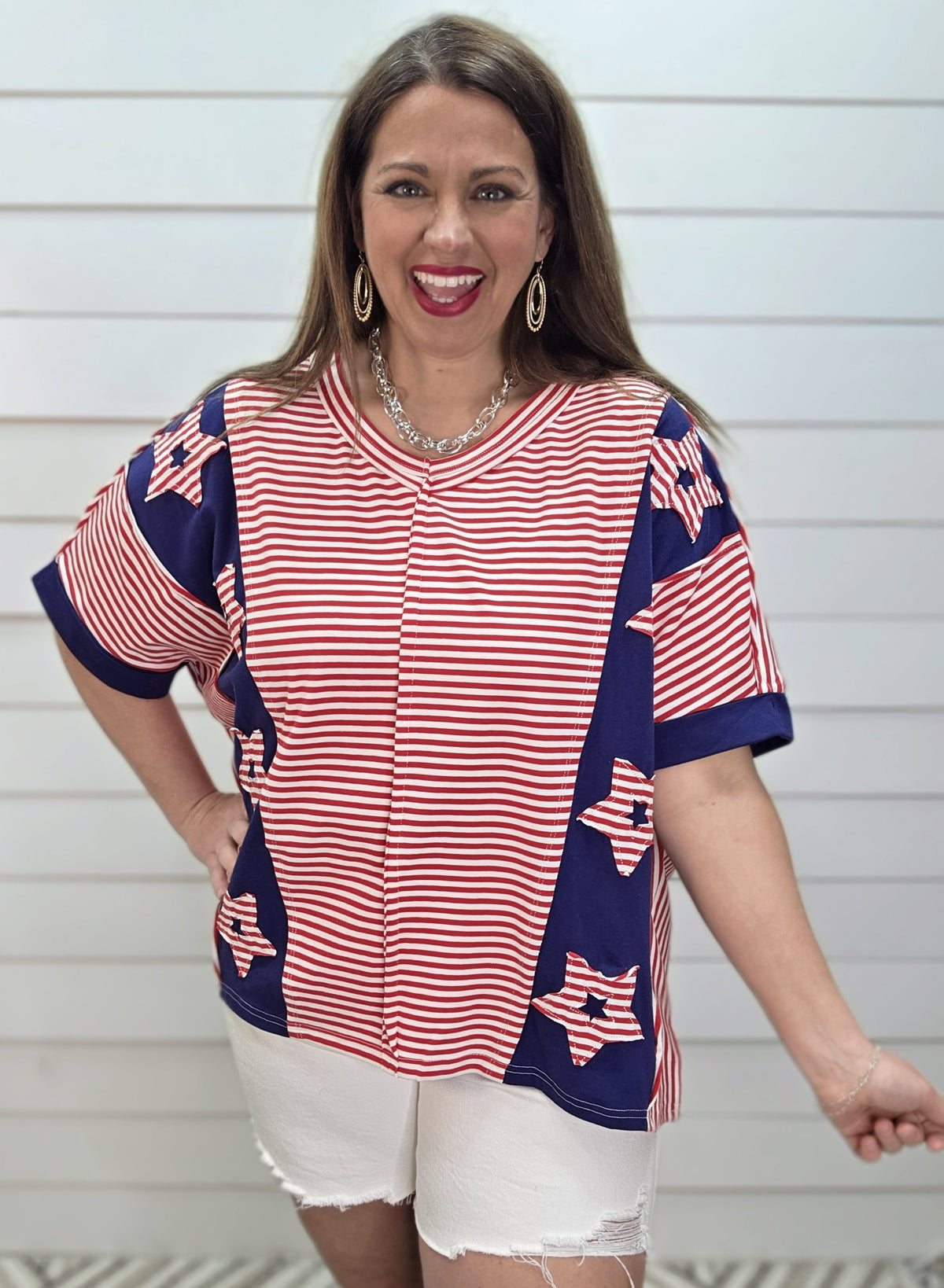 RED STRIPED/STAR OVERSIZED KNIT TOP