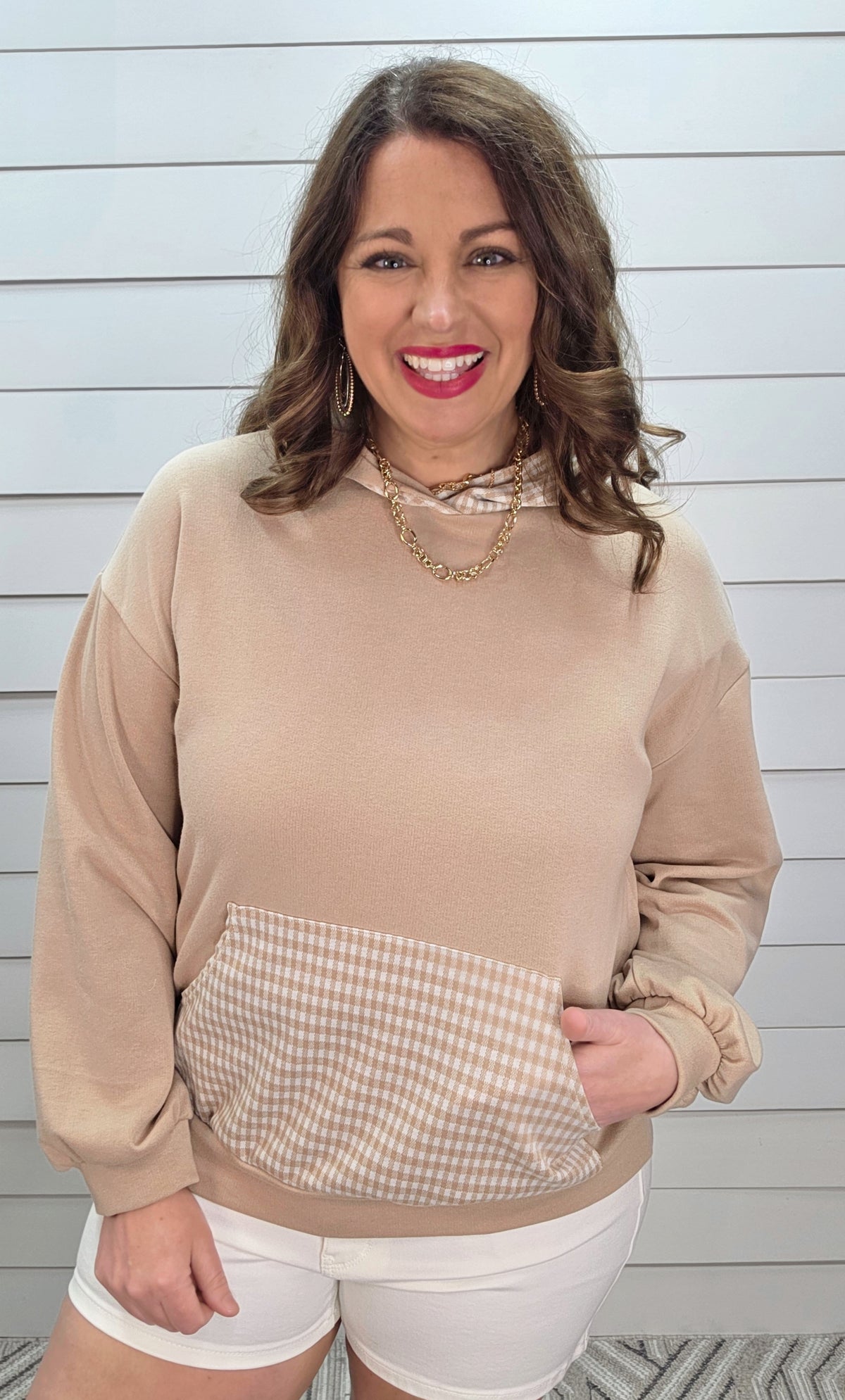 TAUPE FRENCH TERRY LIGHT WEIGHT GINGHAM HOODIE