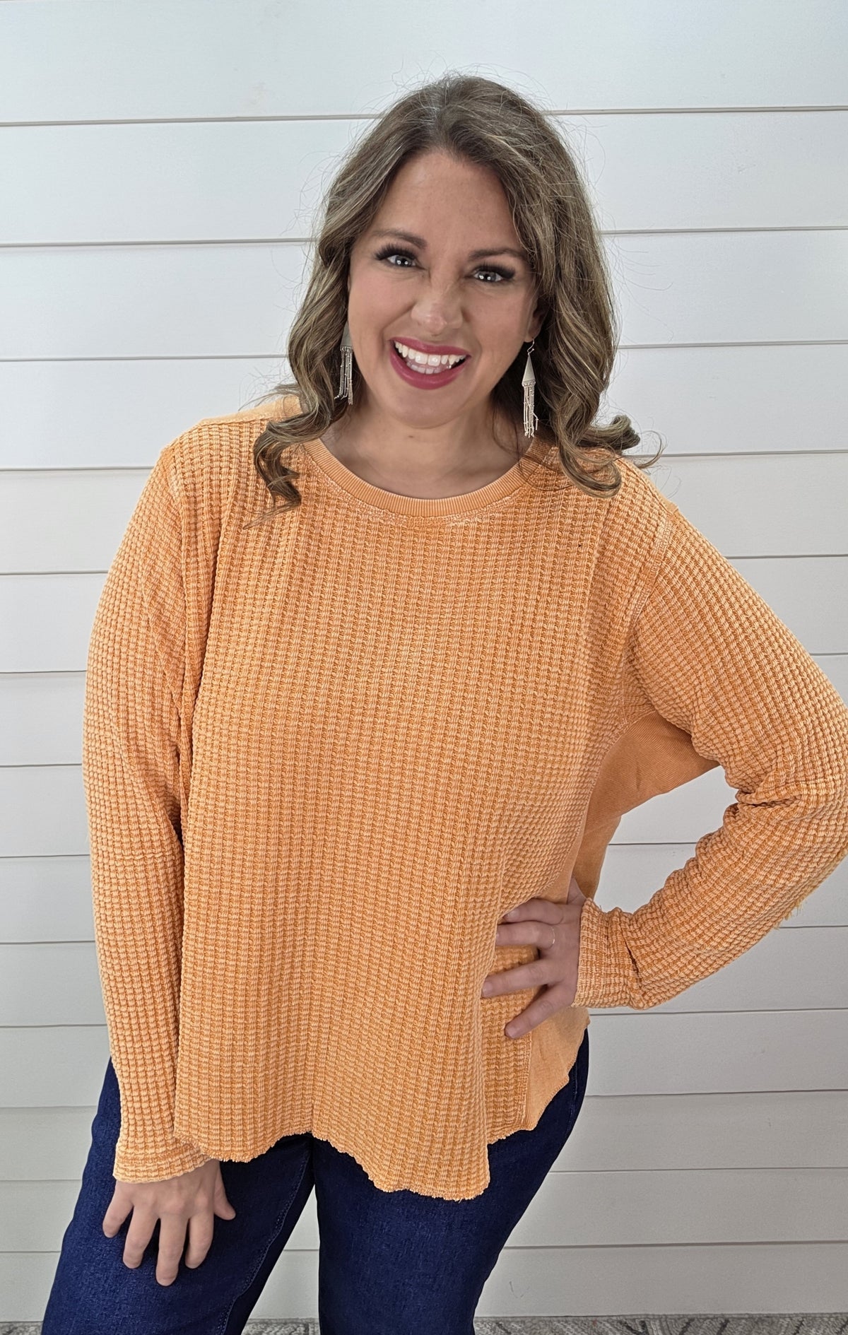 MINERAL WASH TANGERINE WAFFLE TEXTURE CONTRAST OVERSIZED TOP