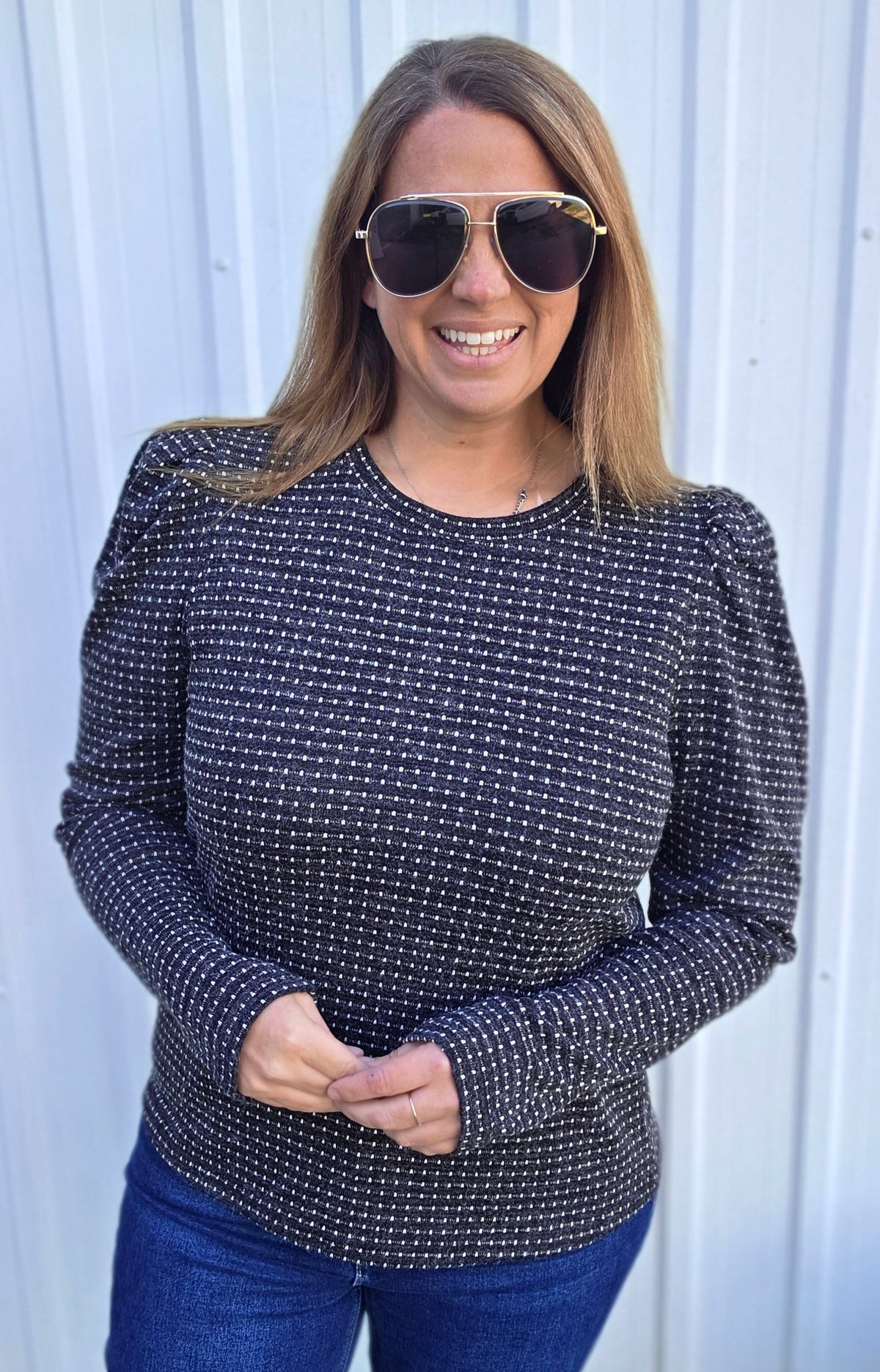 Black Dotted Puff Sleeve Crewneck Knit  Top