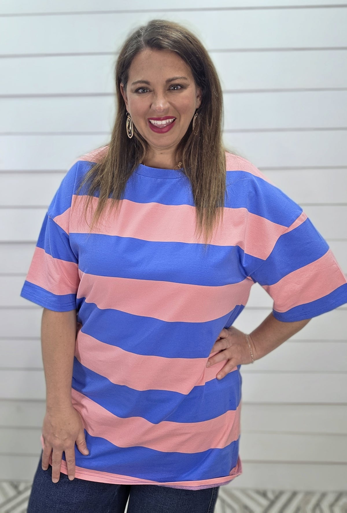 PINK AND BLUE BOLD STRIPE TUNIC TEE