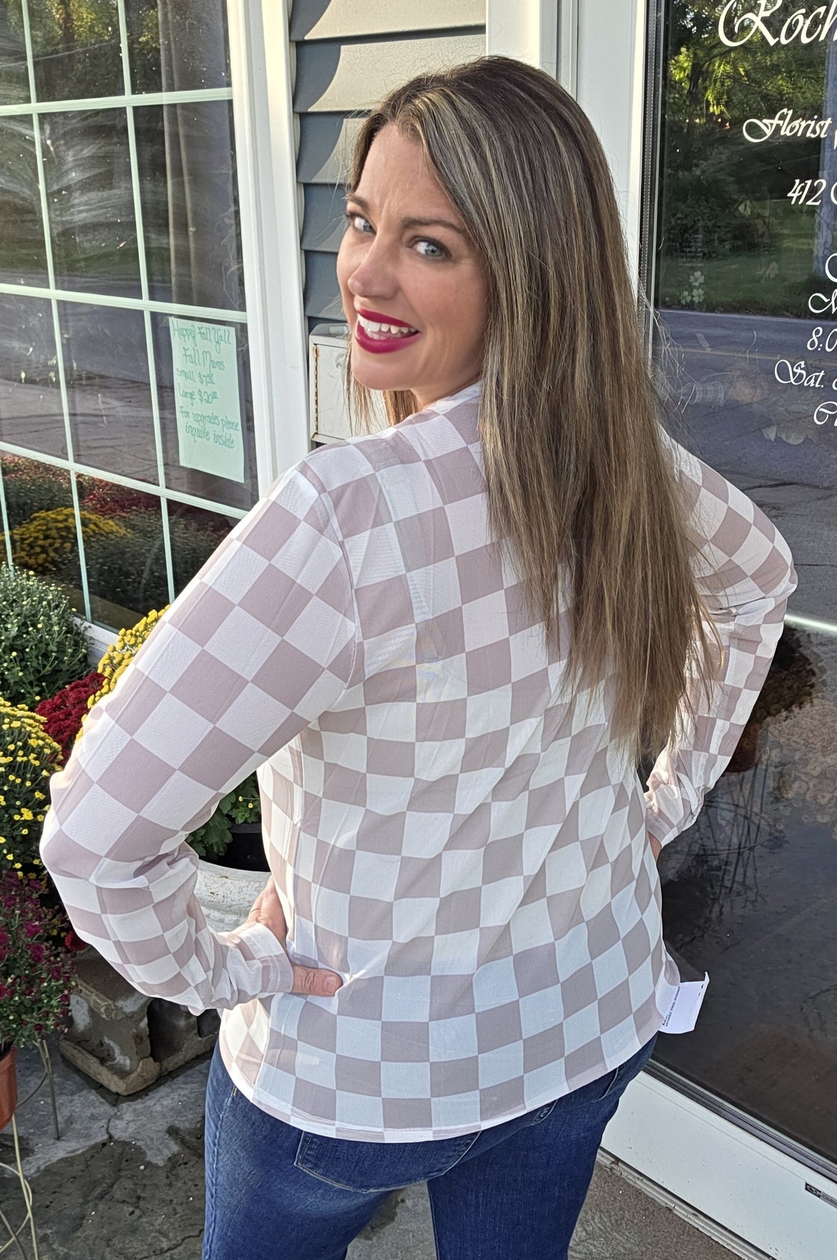 SHIRLY AND STONE TAUPE CHECK MESH TOP