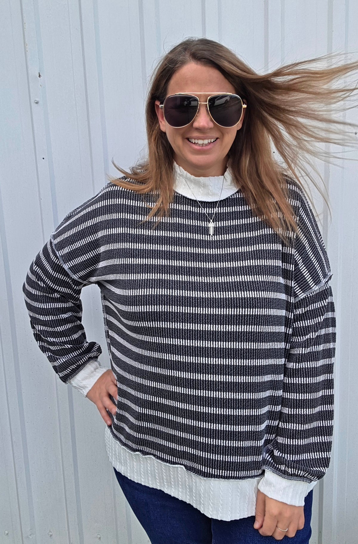 Charcoal Mock Neck Long Sleeve Oversized Loose Fit Striped Knit Top