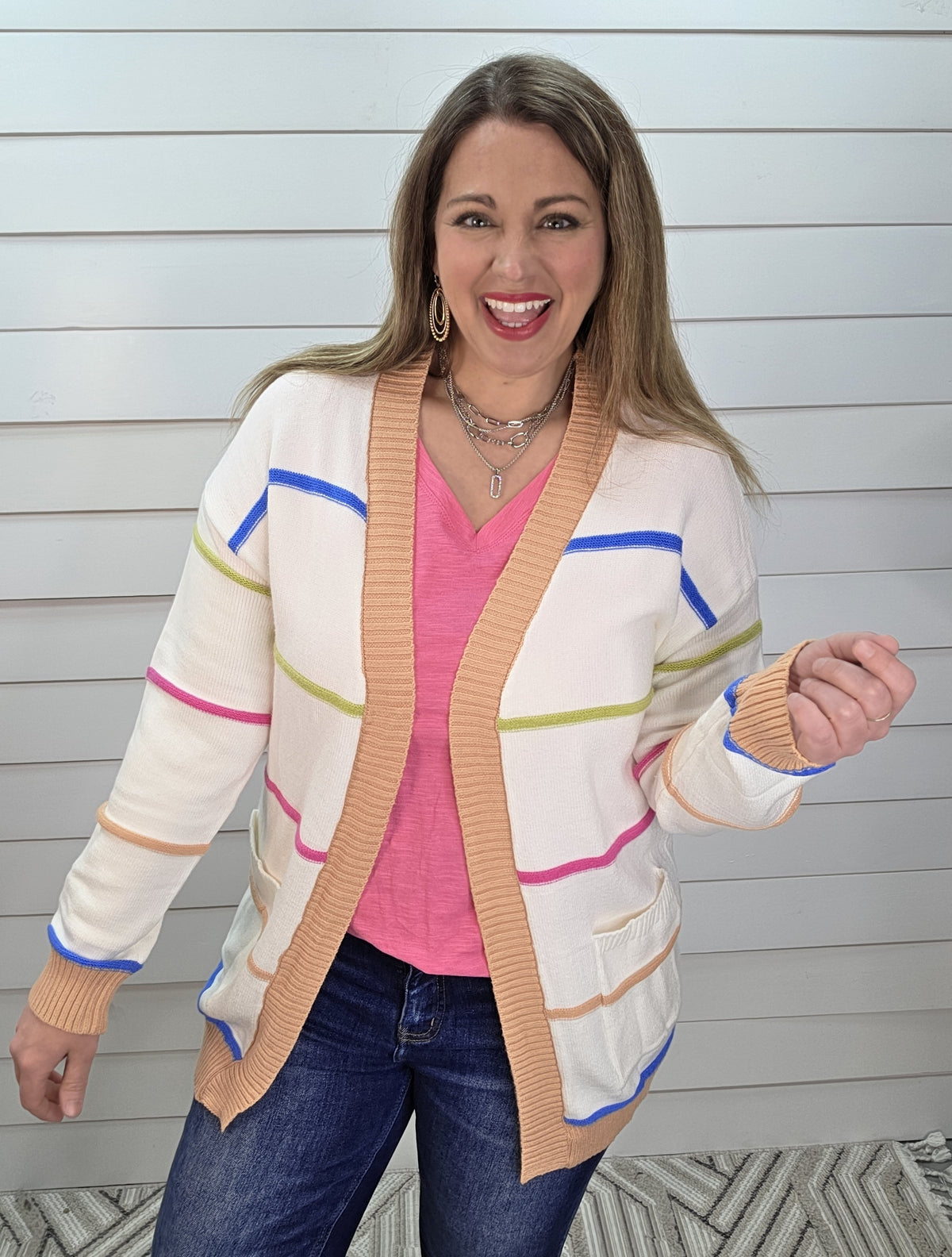 WHITE MULTI BRIGHT COLOR STRIPED KNIT CARDIGAN