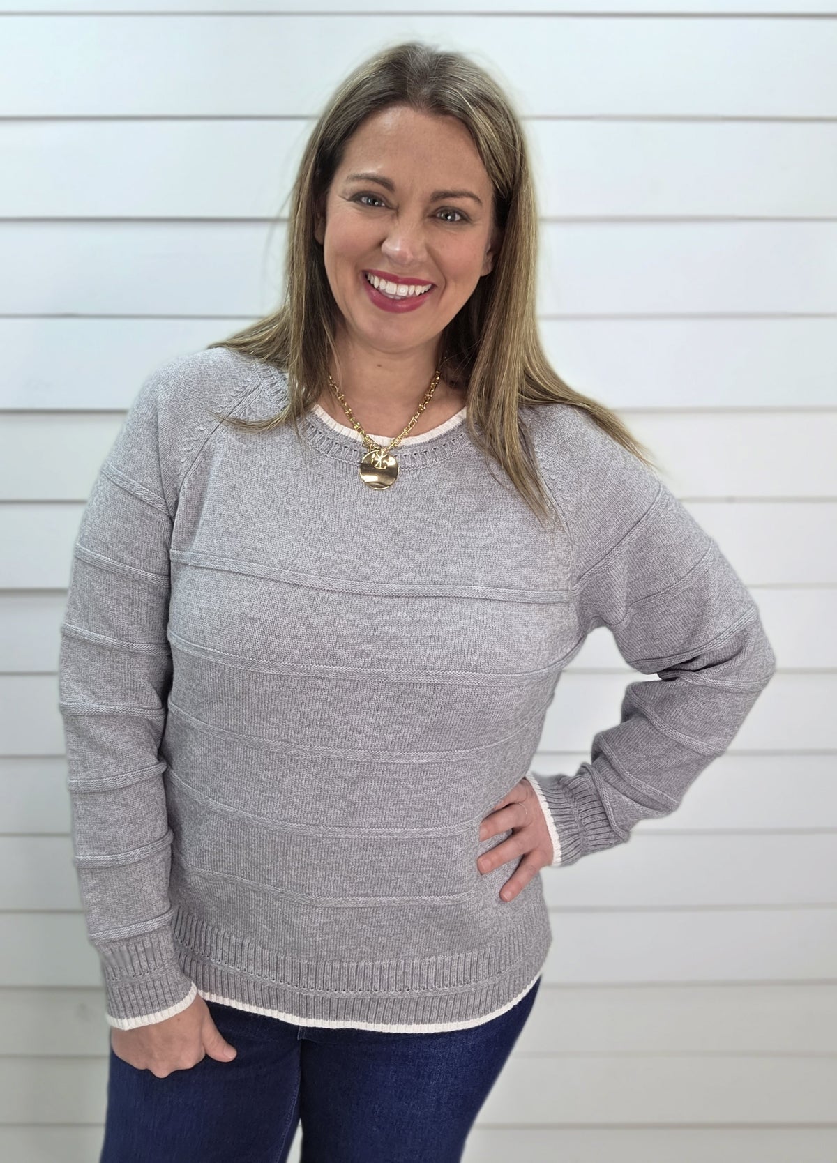 HEATHER GREY TEXTURED STRIPED CREW NECK PULLOVER SWEATER