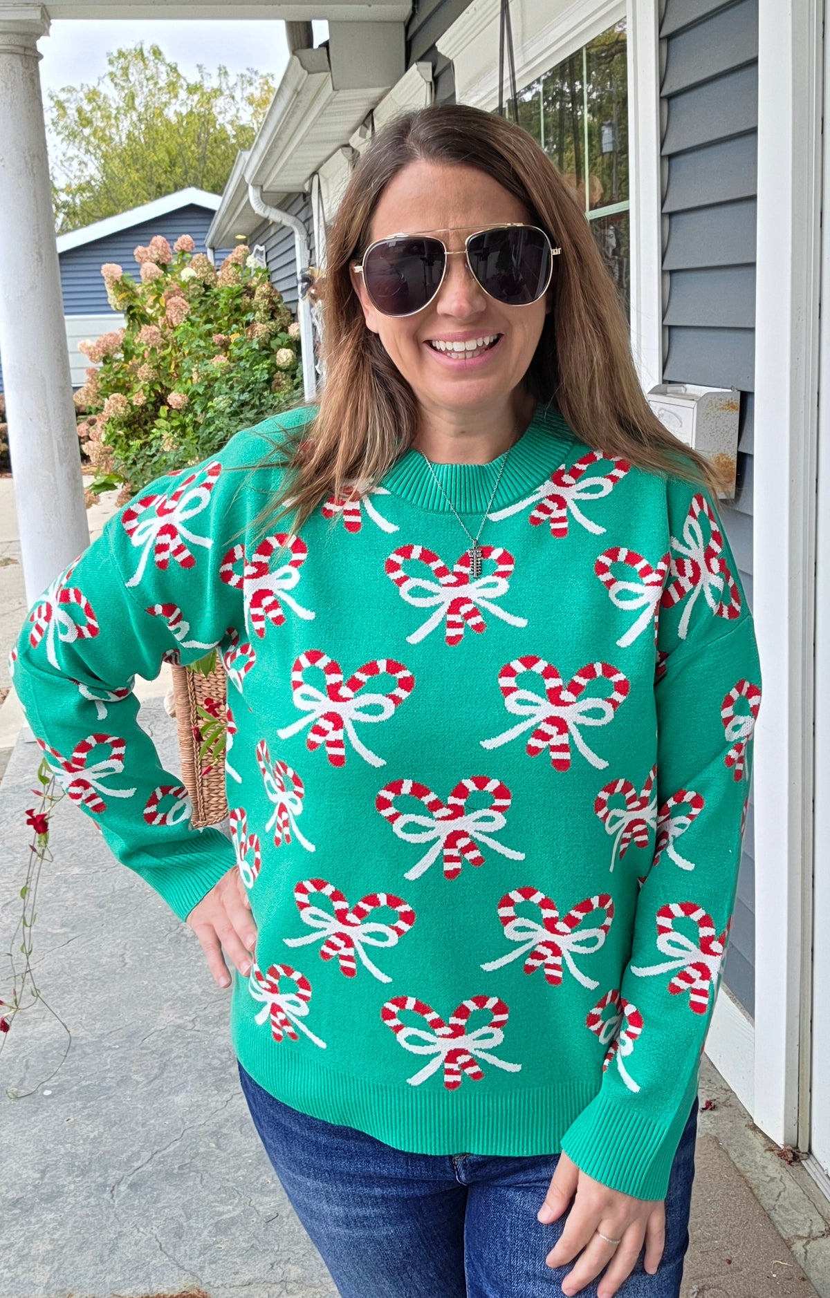 GREEN CANDY CANE Jacquarded, Crew Neck SWEATER