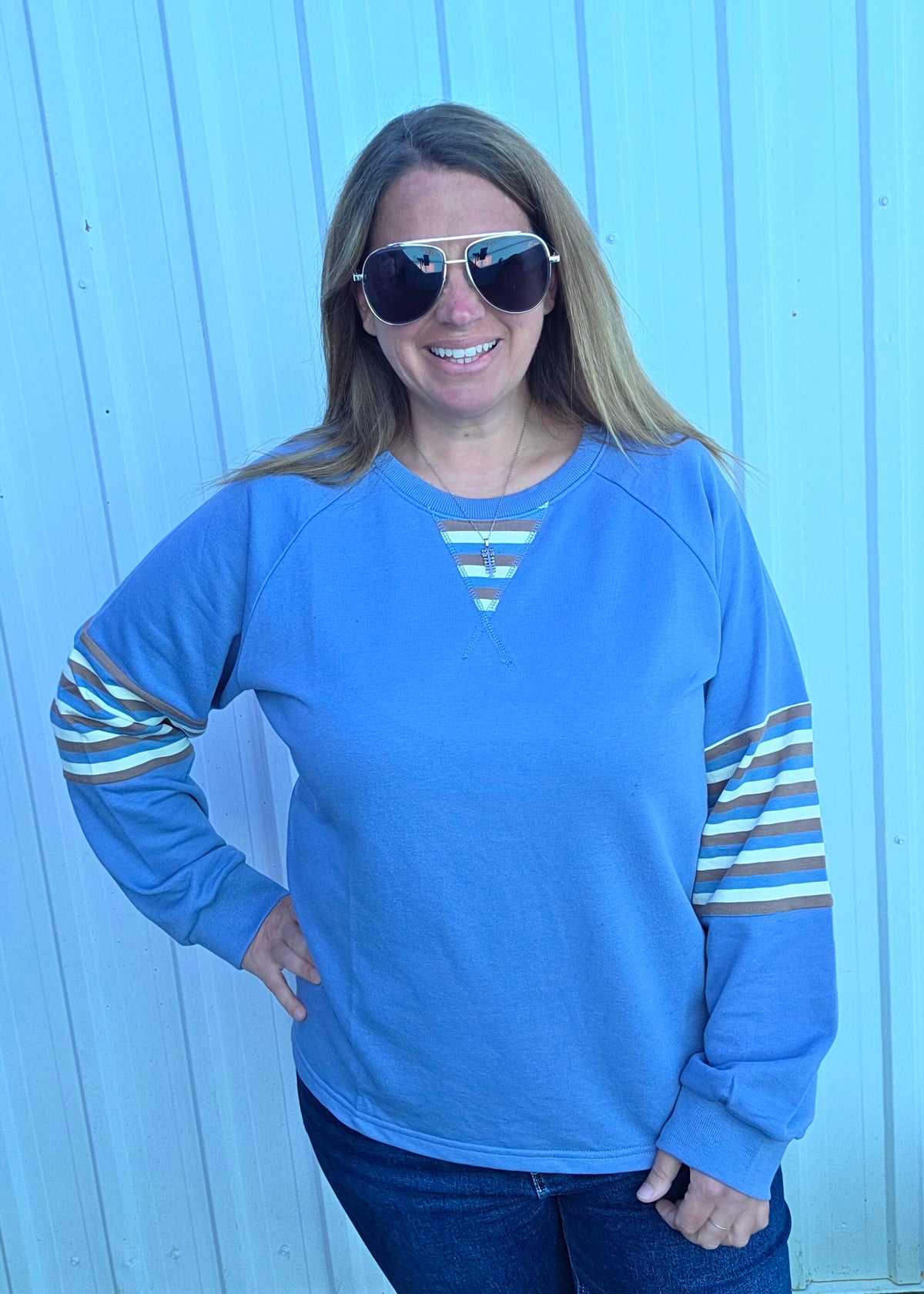 Denim Blue Crew Neck Raglan Sleeve Terry Mixed Stripe Top