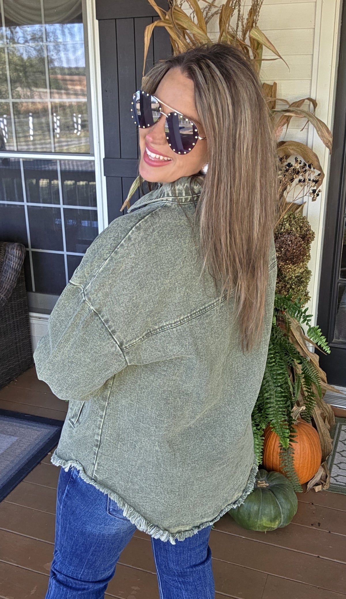 MINERAL WASH GREEN BUTTON DOWN OVERSIZED DENIM SHACKET