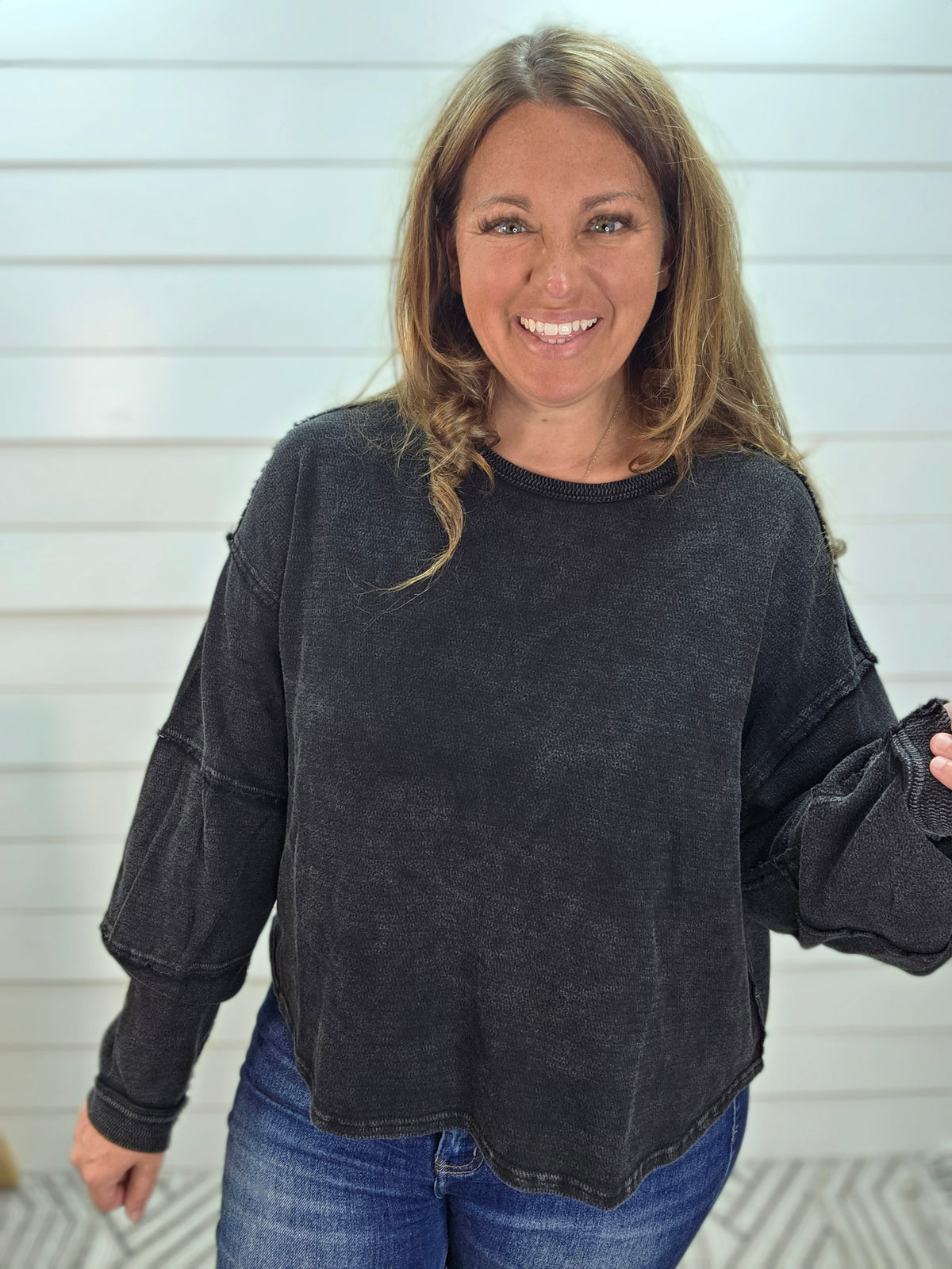 BLACK MINERAL WASH LONG SLEEVE KNIT FLOWY TOP