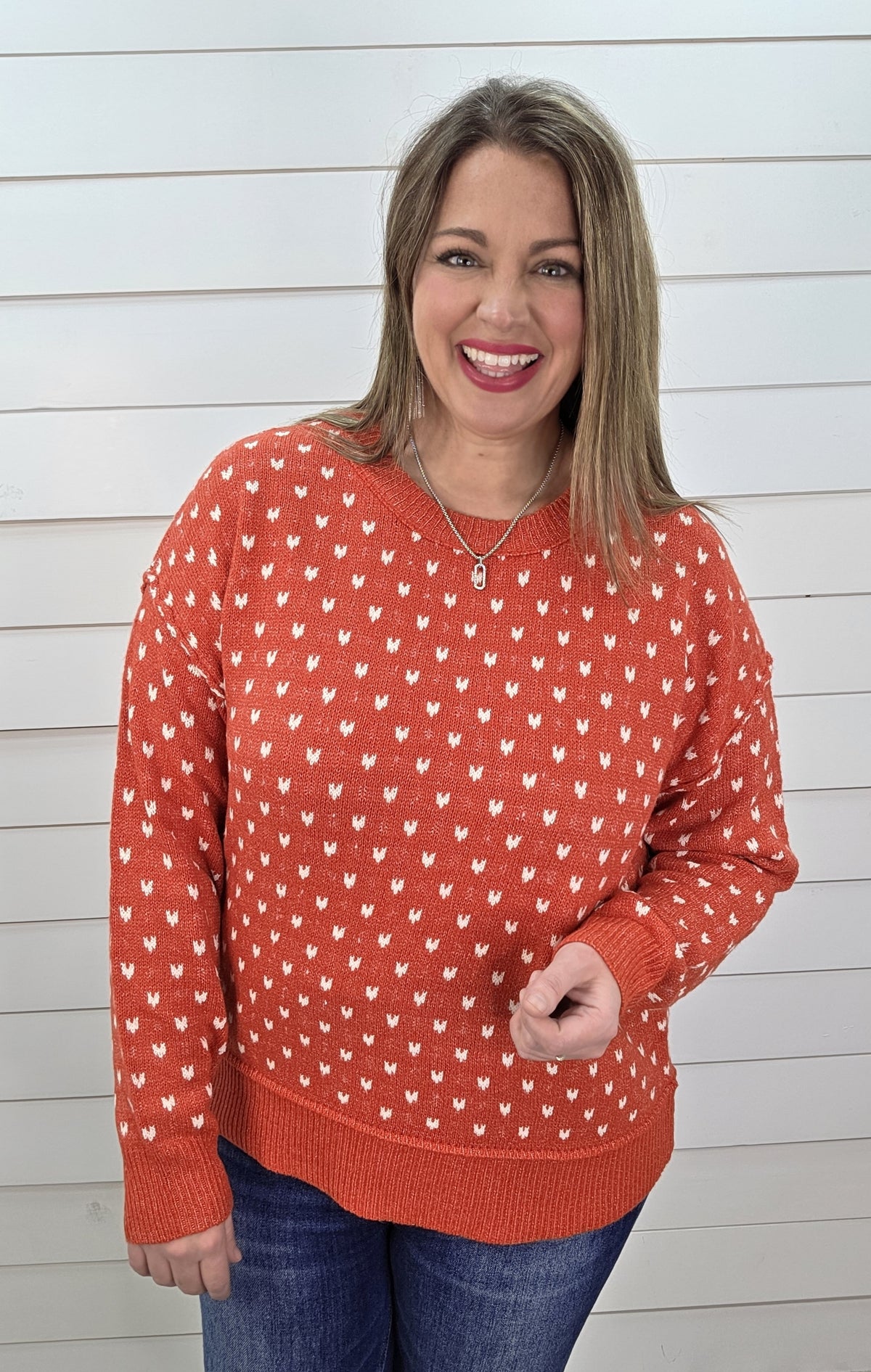 RED PRINTED TEXTURED CREW NECK SWEATER