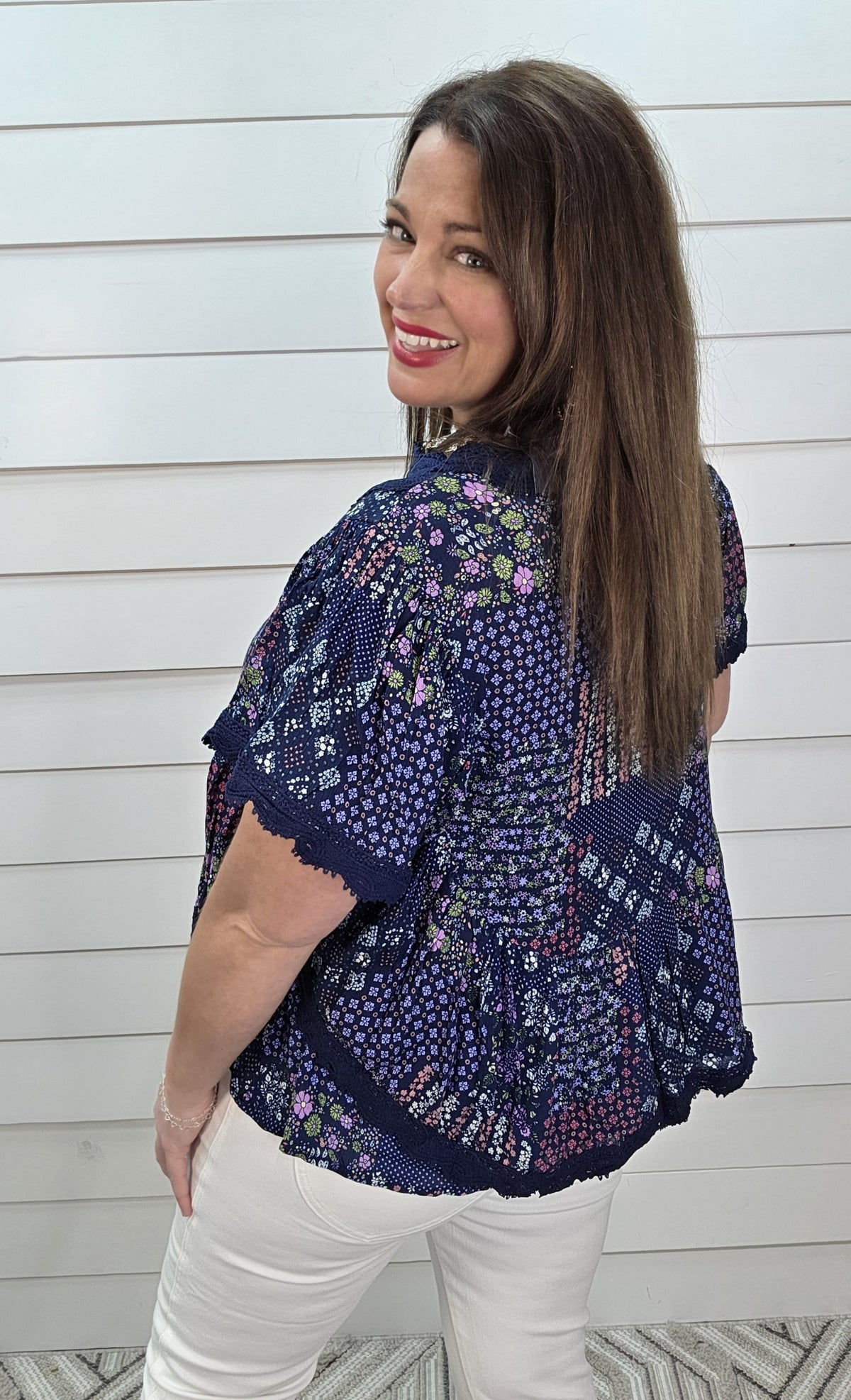 NAVY PATCHWORK FLORAL/LACE TRIM WOVEN TOP