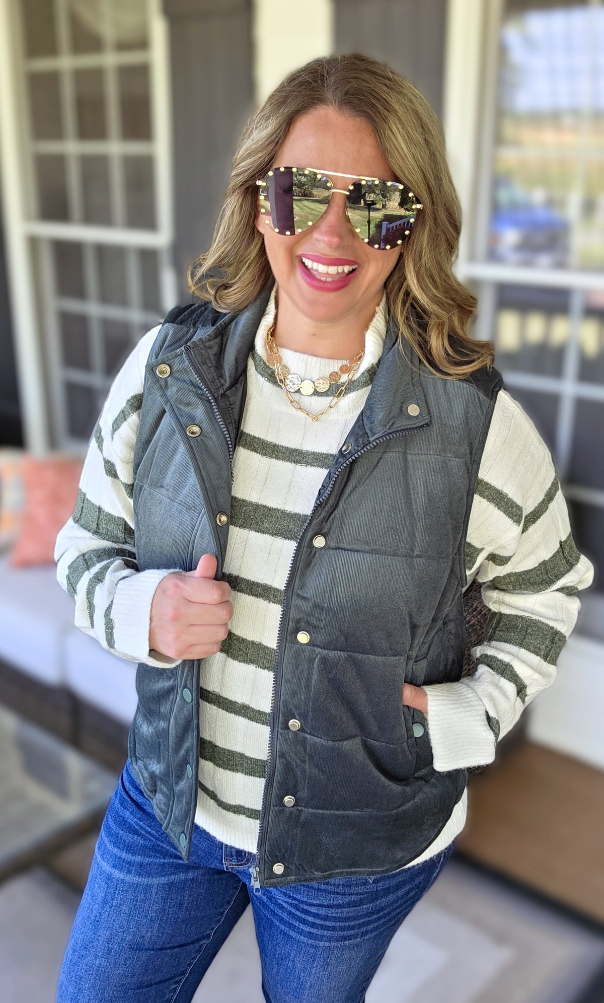 DK GREEN MINI CORD SNAP/ZIPPER VEST