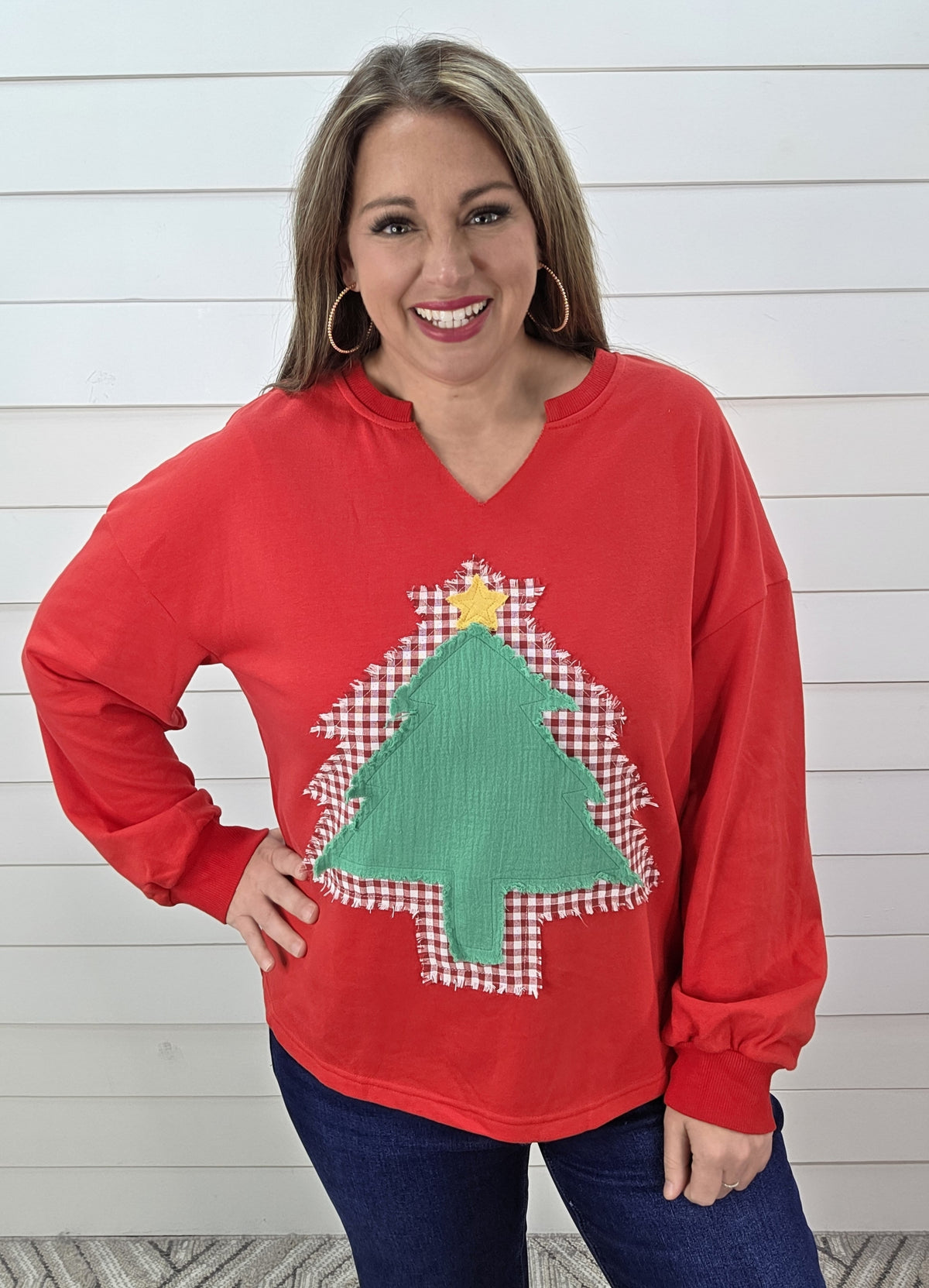 RED FRENCH TERRY PULLOVER W/ RAW EDGE TREE