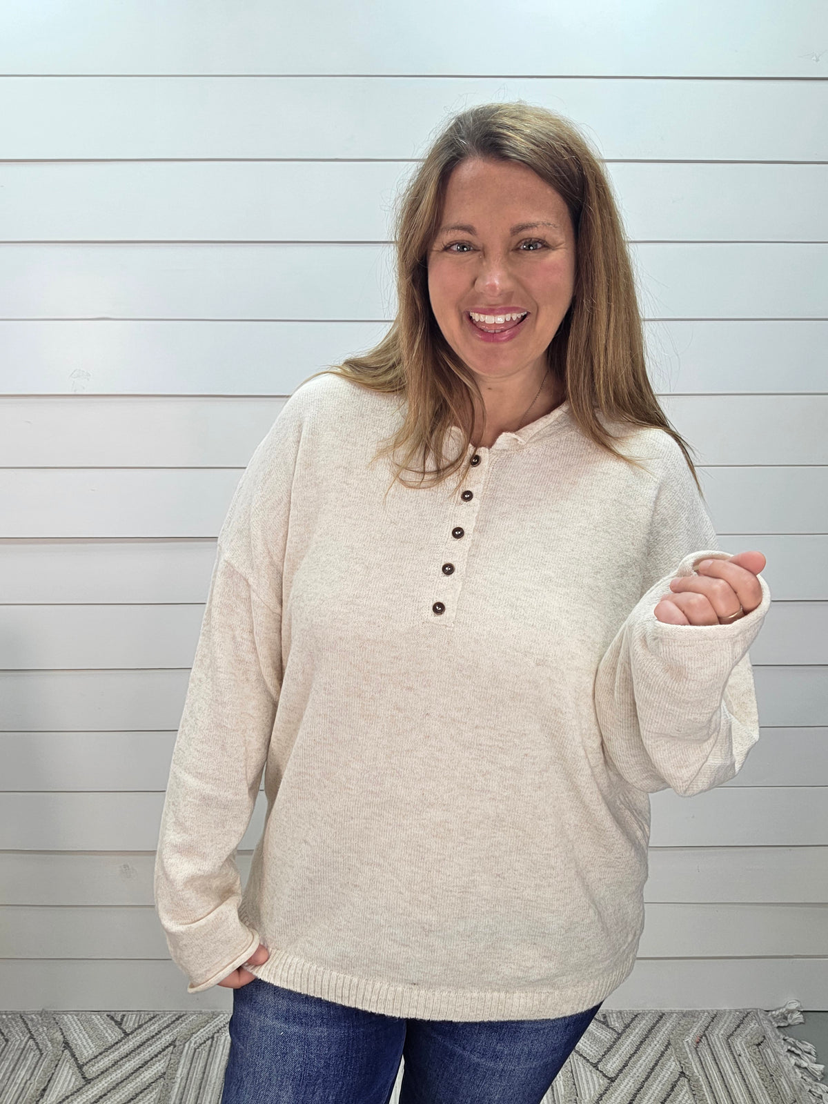 OATMEAL RAW ROLLED EDGE HENLEY RELAXED SWEATER