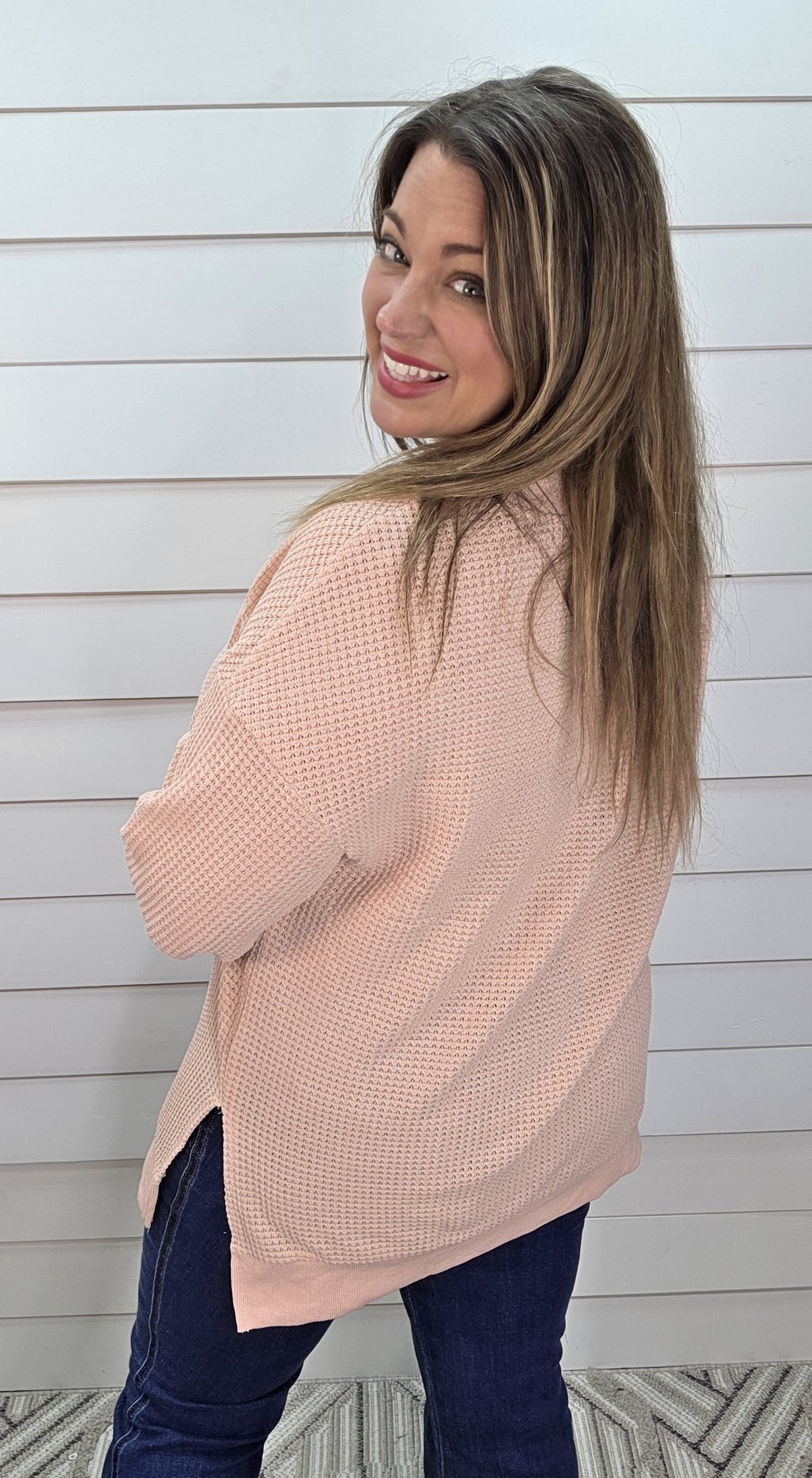 PINK WAFFLE TEXTURED LONG SLEEVE V NECK TOP