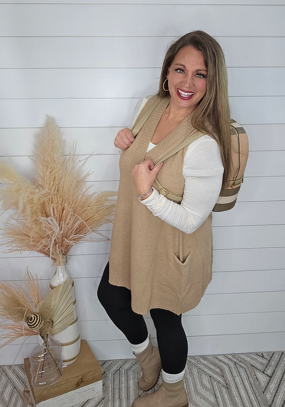 TAUPE OVERSIZED SWEATER VEST TUNIC W/ POCKETS