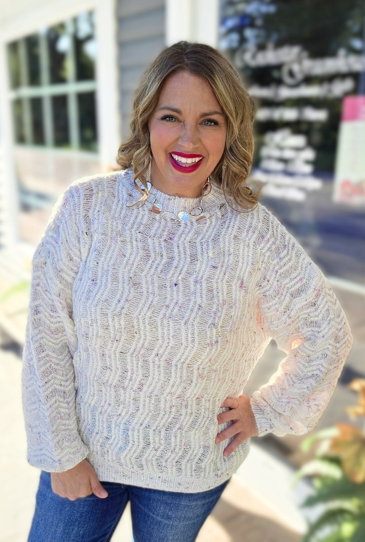 CREAM LOOSE WEAVE KNIT MULTI COLOR THRED SWEATER