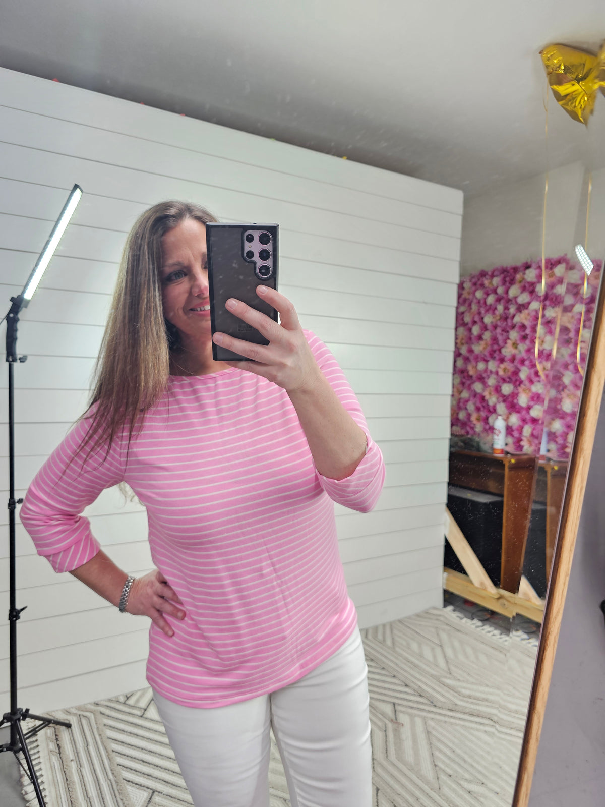 PINK BOAT NECK SUPER SOFT TERRY STRIPE TOP
