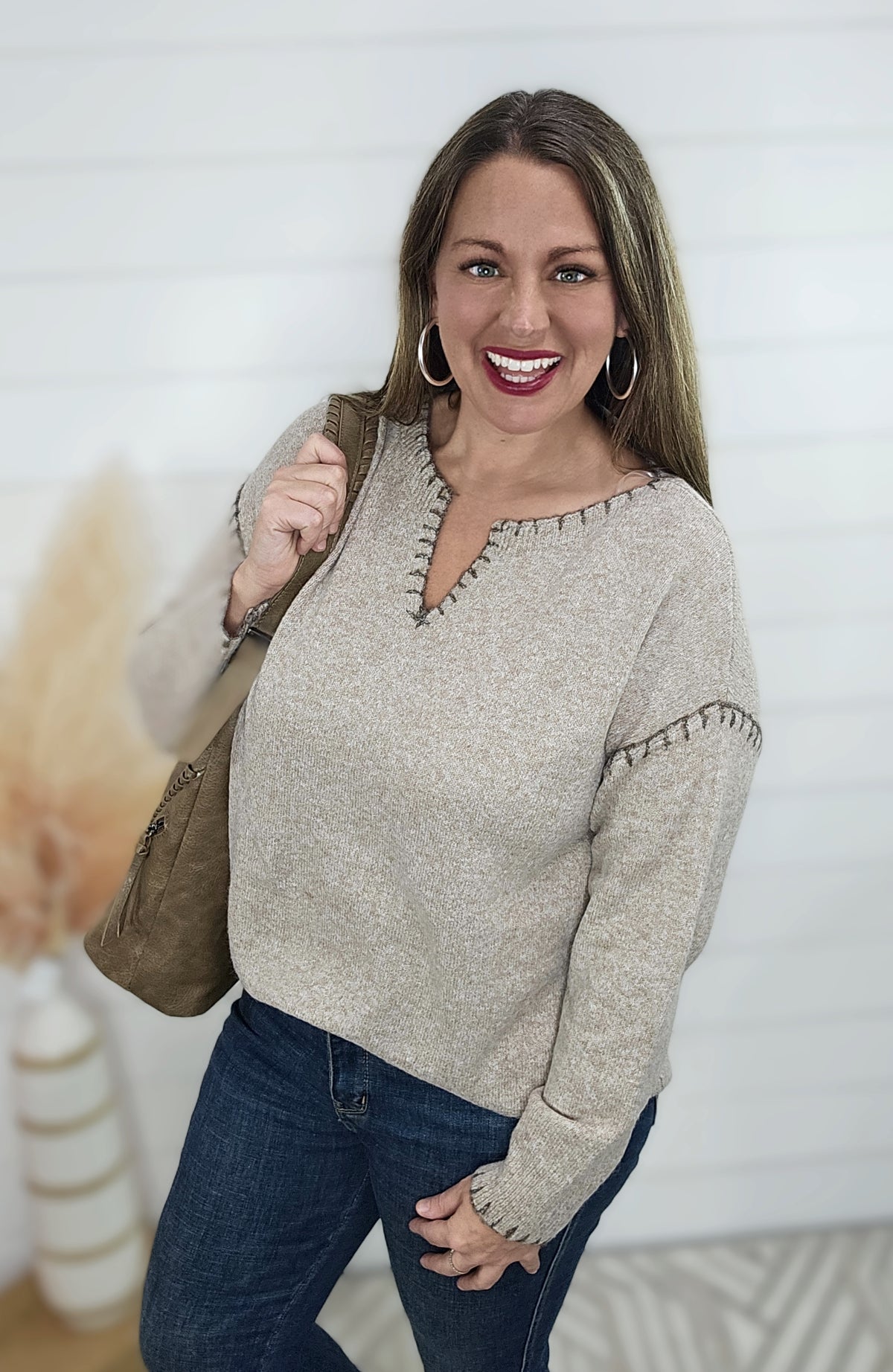 TAUPE BLANKET STITCH NOTCHED NECKLINE PULLOVER SWEATER