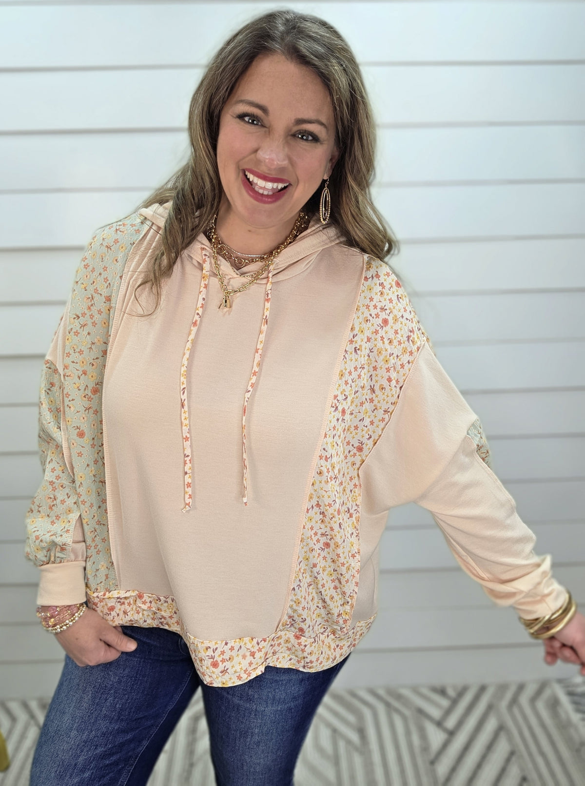 OATMEAL DITSY FLORAL CONTAST LOOSE FIT HOODIE