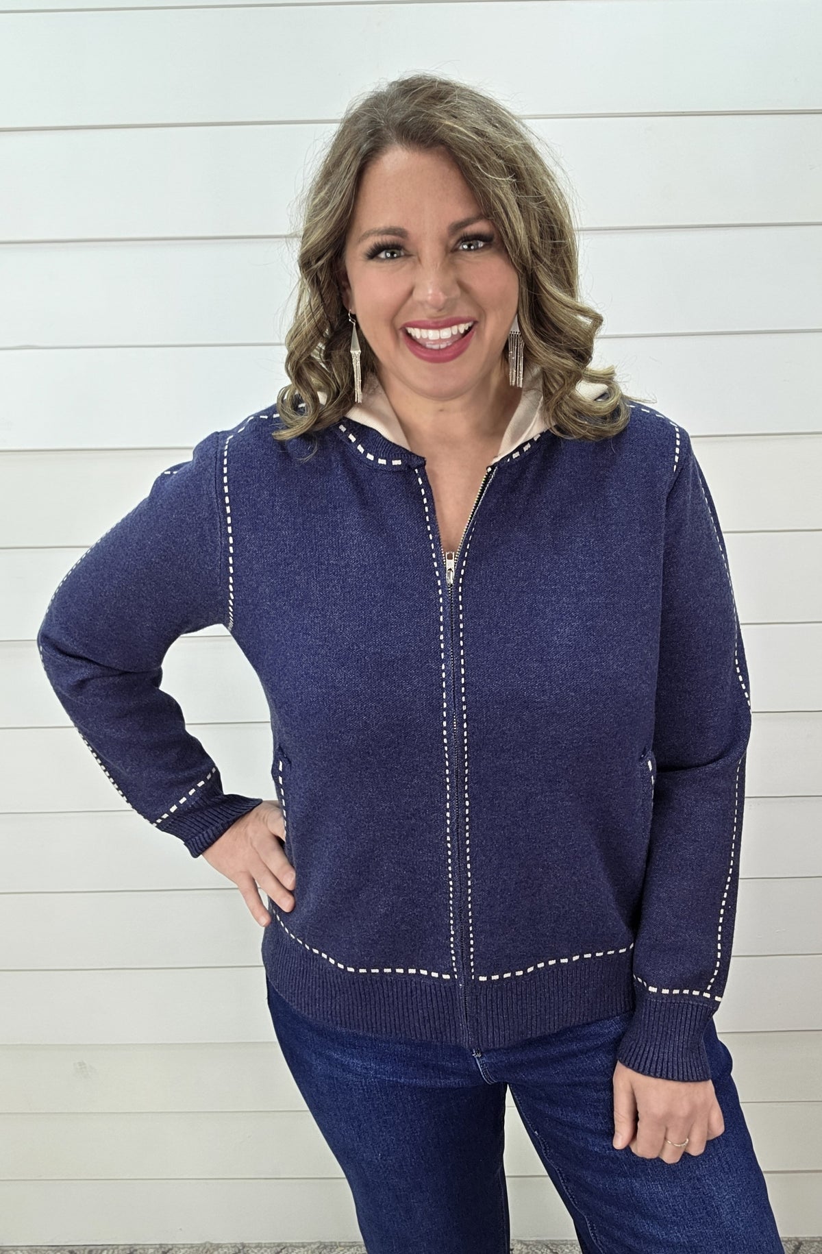 INDIGO REMOVEABLE HOOD STITCH ACCENT FULL ZIP SWEATER