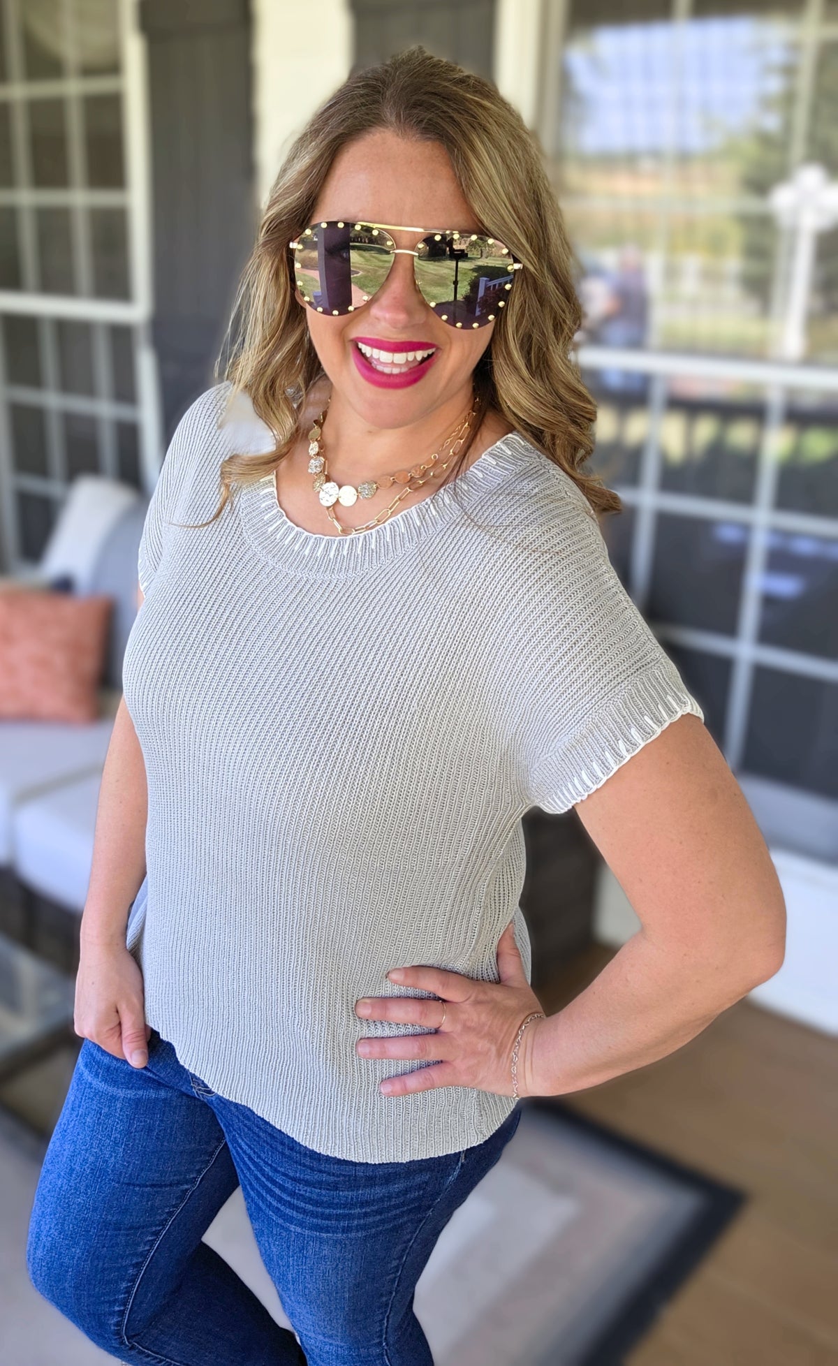 GREY STITCHED HEM CREW NECK SHORT SLEEVE PULLOVER SWEATER